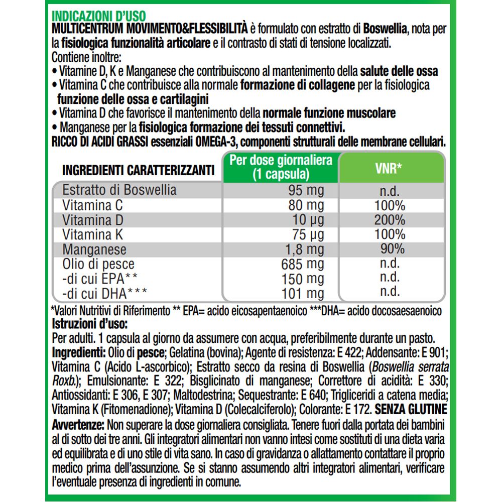 Testo con ingredienti e informazioni nutrizionali. Contiene estratto di Boswellia, vitamine e minerali.