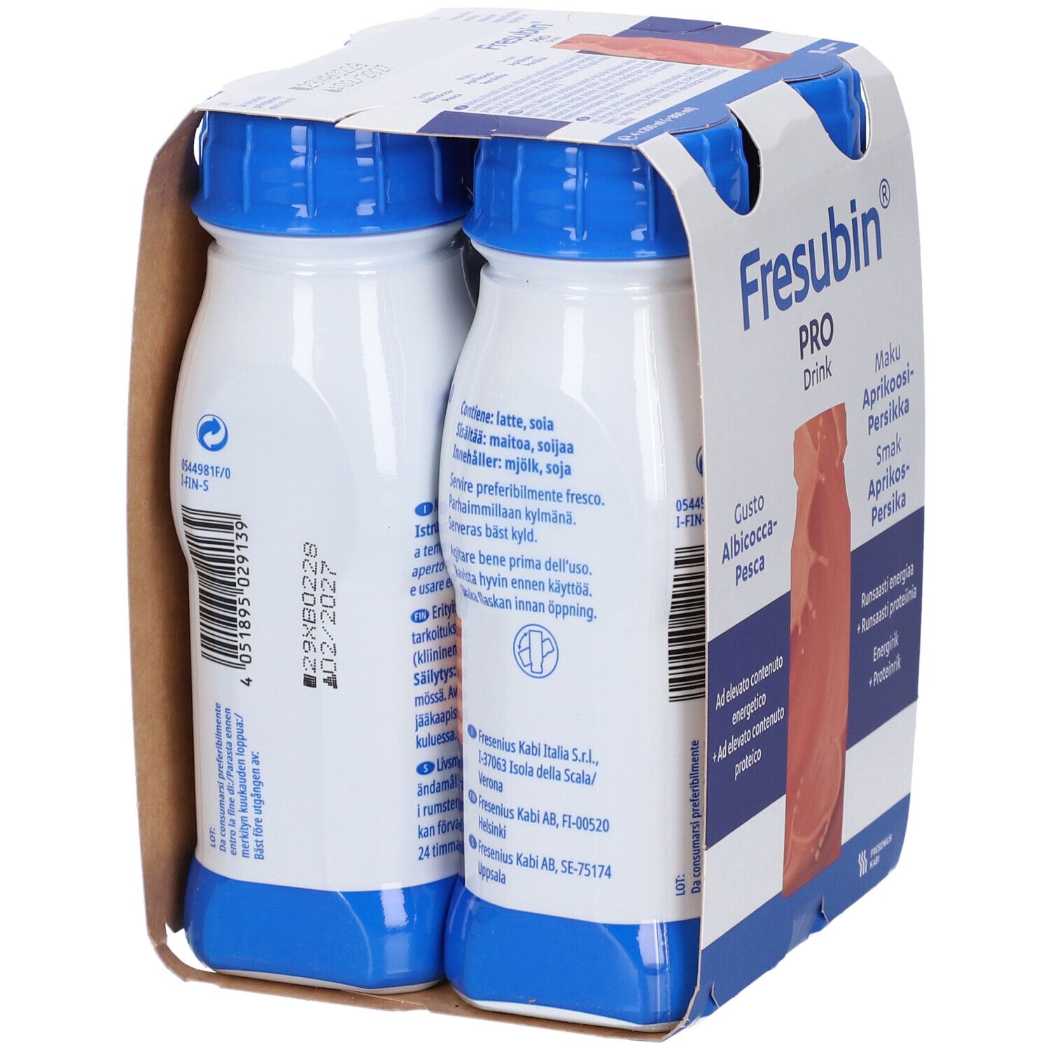 Retro della confezione da 4 bottiglie Fresubin Pro Drink. Contiene informazioni su ingredienti, valori nutrizionali e produttore. Bottiglie con tappo blu.