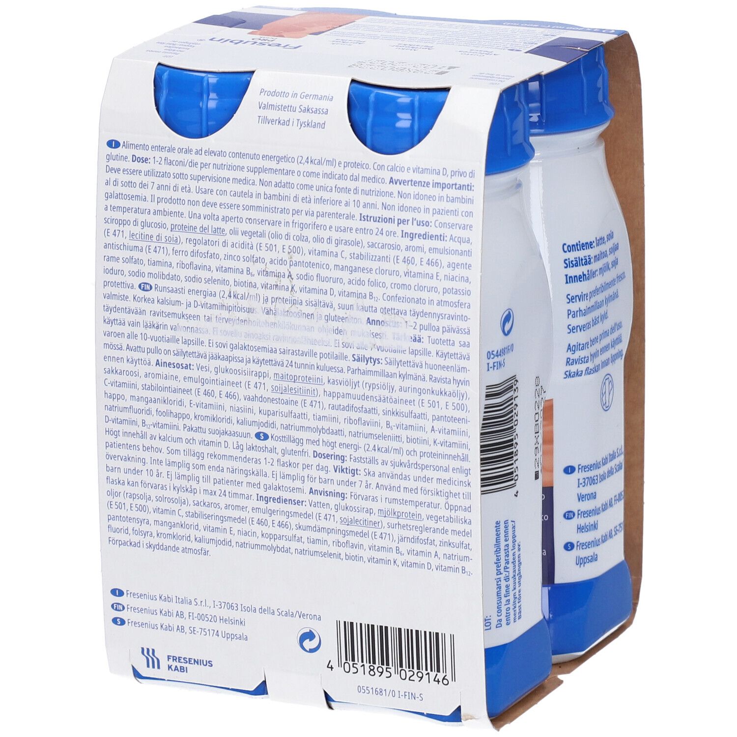 Retro della confezione da 4 bottiglie Fresubin Pro Drink. Contiene informazioni su ingredienti, valori nutrizionali e produttore. Bottiglie con tappo blu.