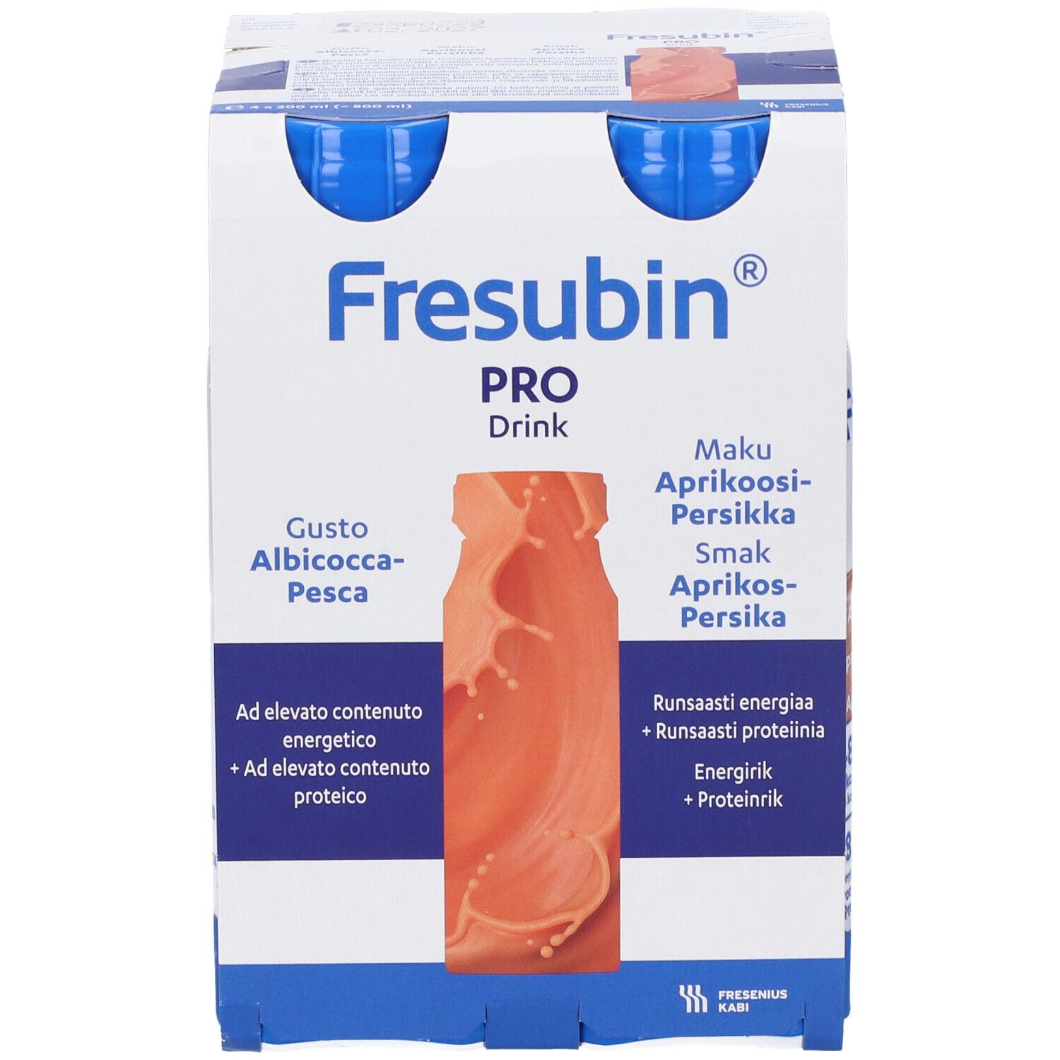 Confezione da 4 bottiglie Fresubin Pro Drink Albicocca-Pesca. Bottiglie con tappo blu ed etichetta bianca. Scritta: Fresubin Pro Drink.