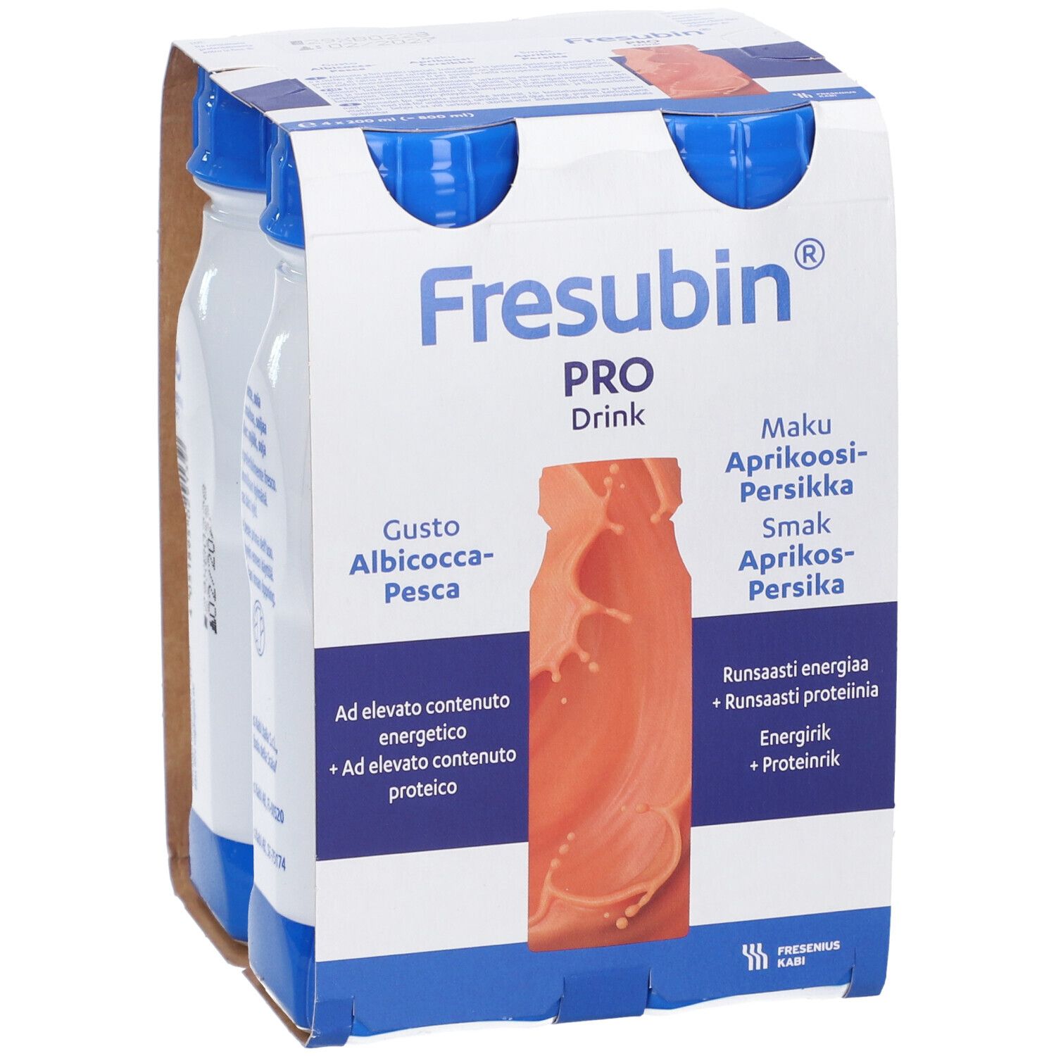 Confezione da 4 bottiglie Fresubin Pro Drink Albicocca-Pesca. Bottiglie con tappo blu ed etichetta bianca. Scritta: Fresubin Pro Drink.