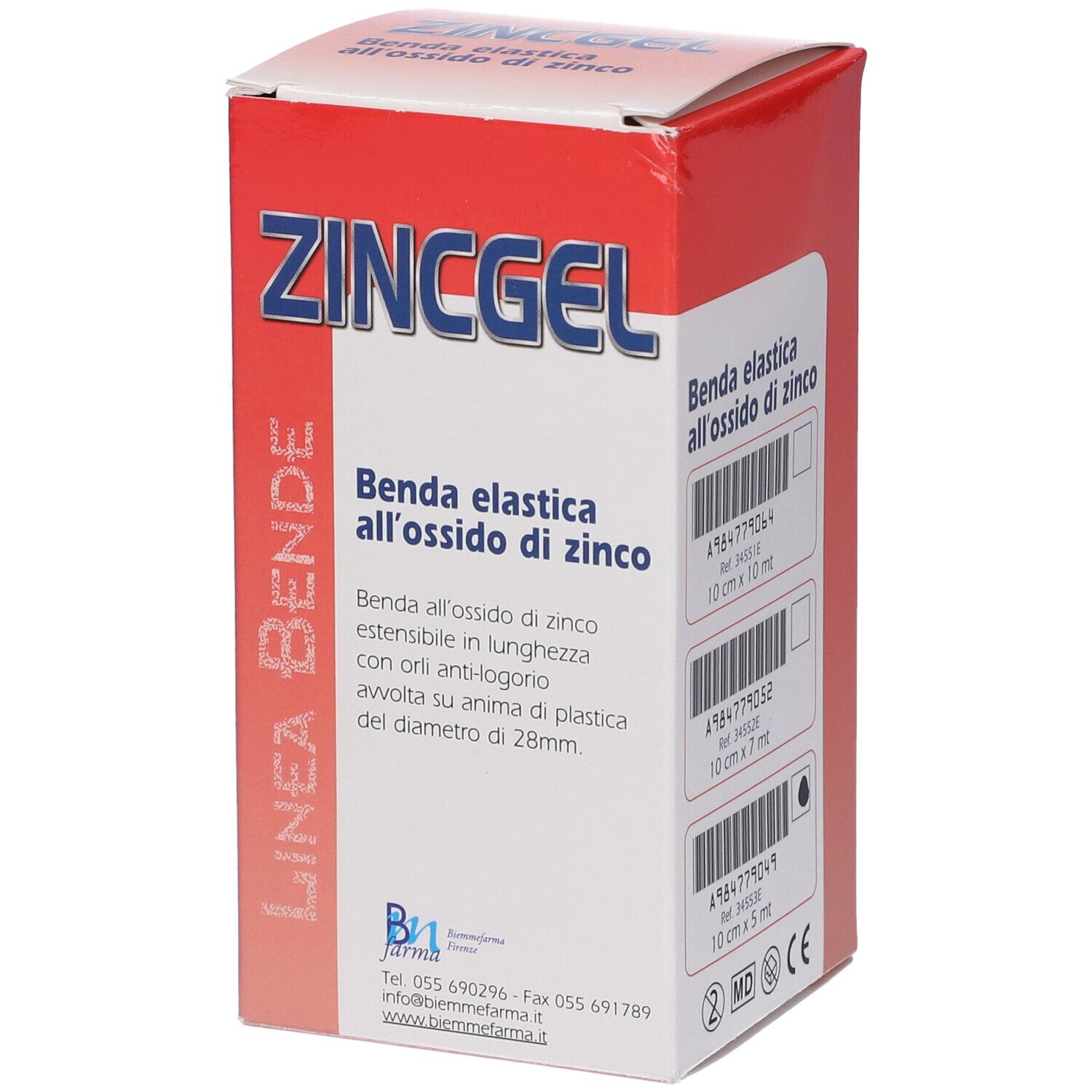 Scatola di ZINCGEL, benda elastica all'ossido di zinco. Scatola rossa e bianca con informazioni e codice a barre.