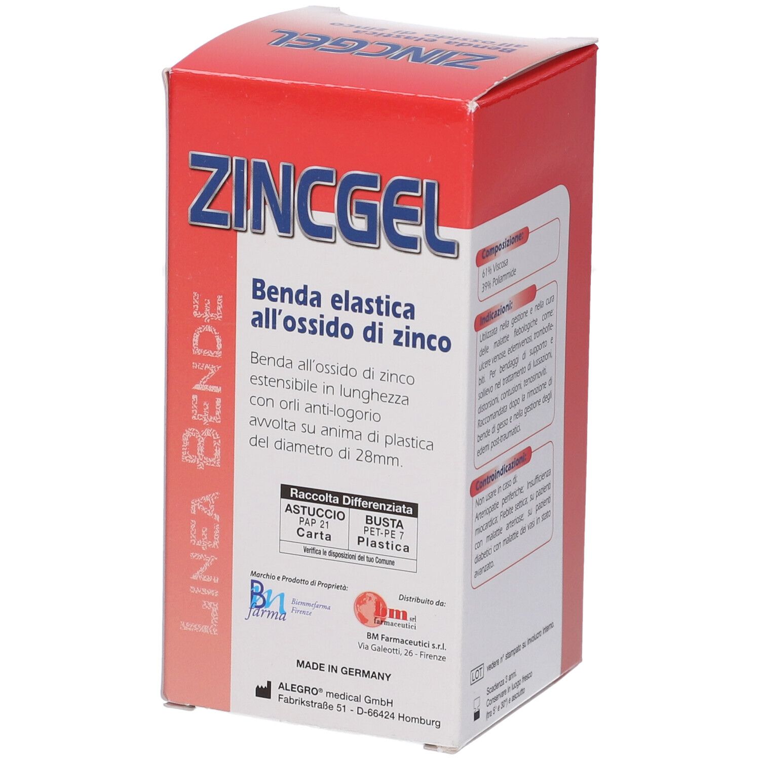 Scatola ZINCGEL, benda elastica all'ossido di zinco. Scatola rossa e bianca con informazioni e simboli di riciclaggio.