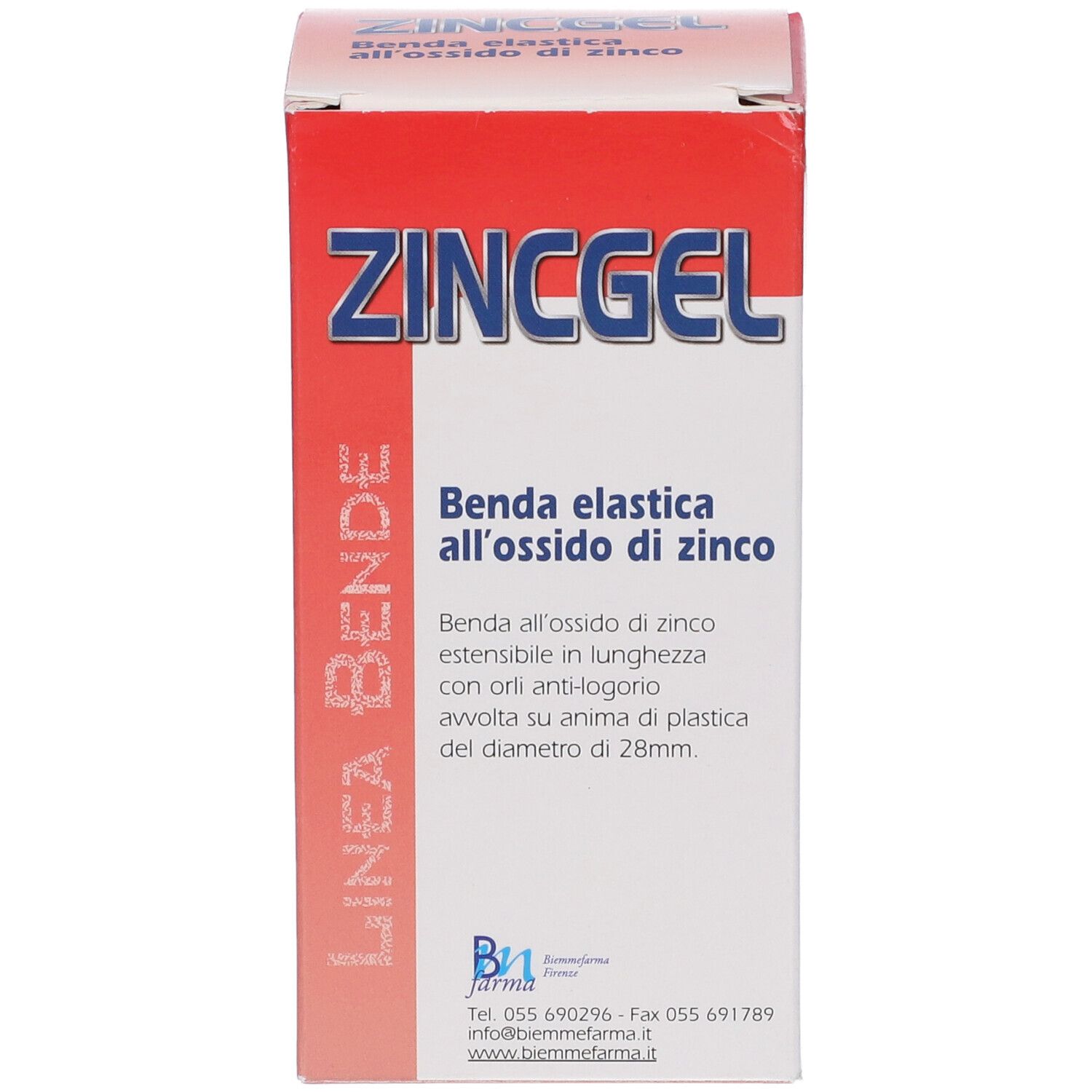 Fronte della scatola ZINCGEL. Benda elastica all'ossido di zinco. Scatola rossa e bianca con il nome del prodotto.