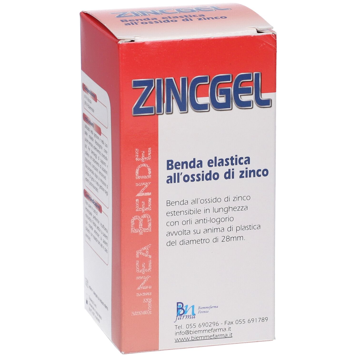 Scatola ZINCGEL, benda elastica all'ossido di zinco. Scatola rossa e bianca con nome del prodotto e logo.