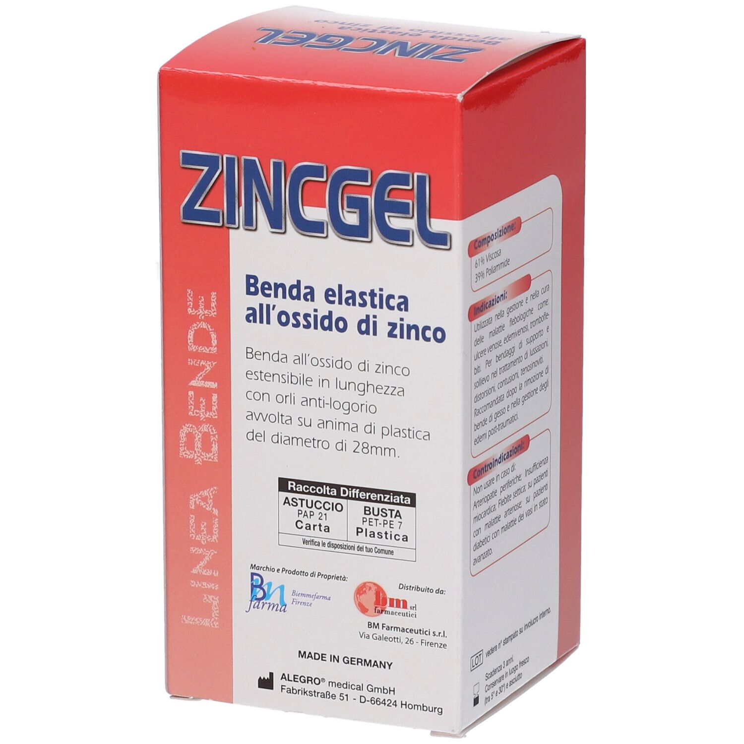 Confezione ZINC GEL. Scritto: Benda elastica all'ossido di zinco. Informazioni sulla raccolta differenziata.