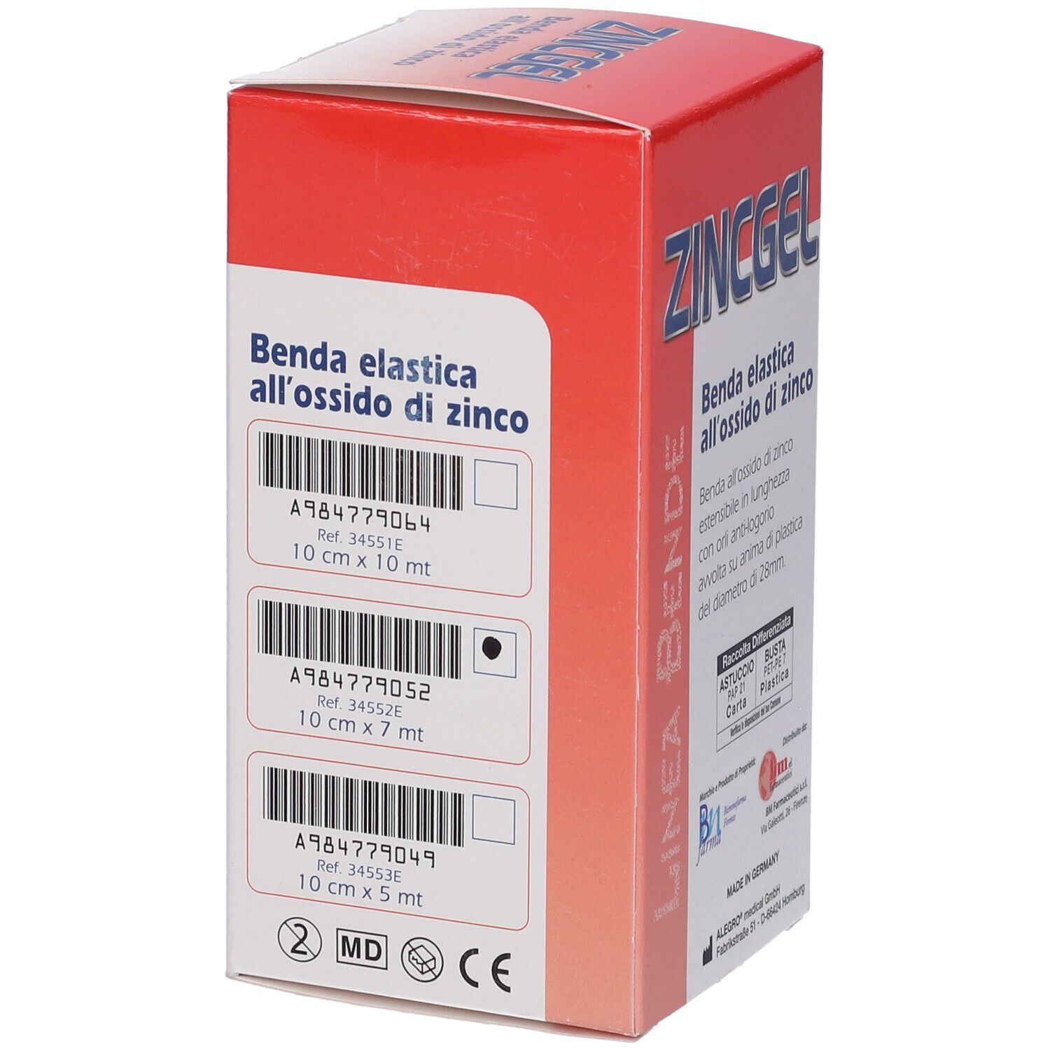 Confezione ZINC GEL con codici a barre. Scritto: Benda elastica all'ossido di zinco. Misure: 10 cm x 10 m, 10 cm x 7 m, 10 cm x 5 m.