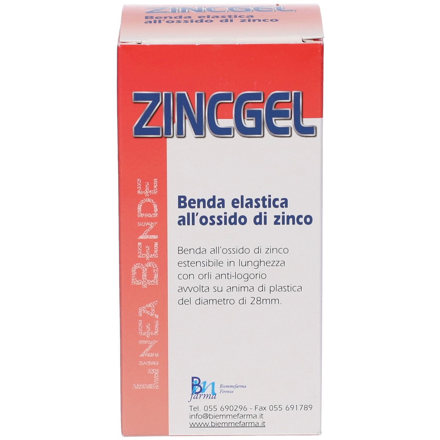 Confezione ZINC GEL. Scritto: Benda elastica all'ossido di zinco. Informazioni sul prodotto e contatti.