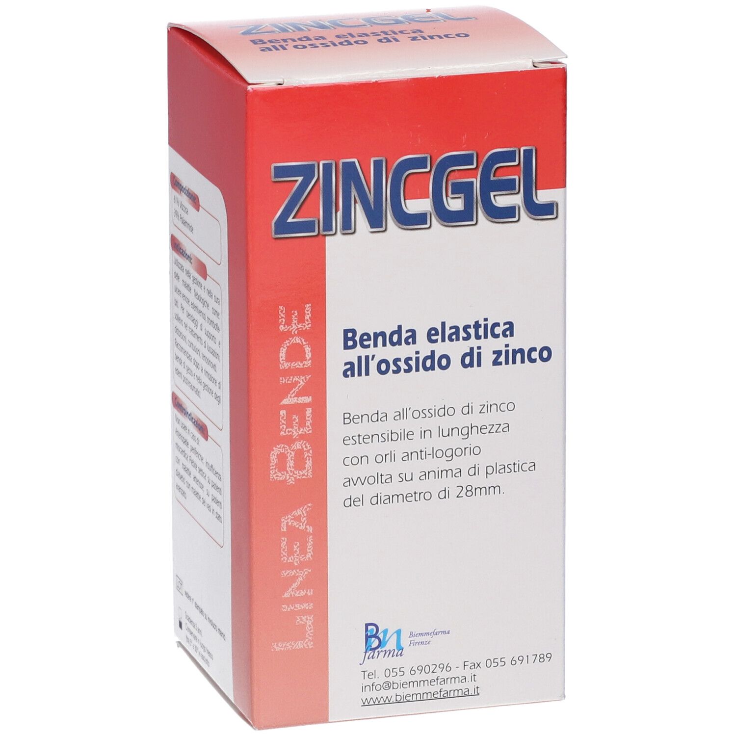 Confezione ZINC GEL. Scritto: Benda elastica all'ossido di zinco. Informazioni sul prodotto.