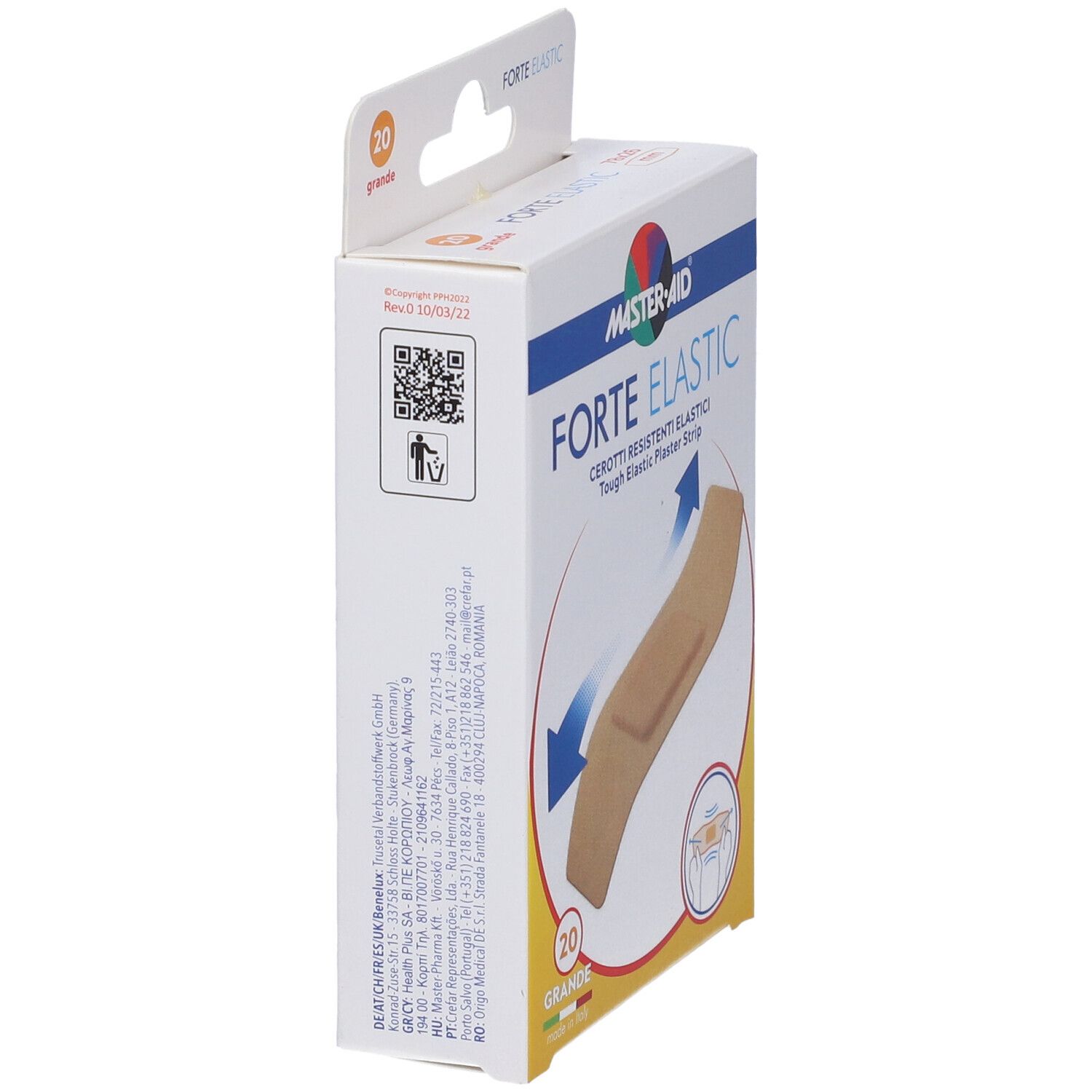 Vista laterale della confezione di cerotti Master-Aid Forte Elastic. Contiene informazioni e codice QR. Scritte: Forte Elastic, 20 grande.
