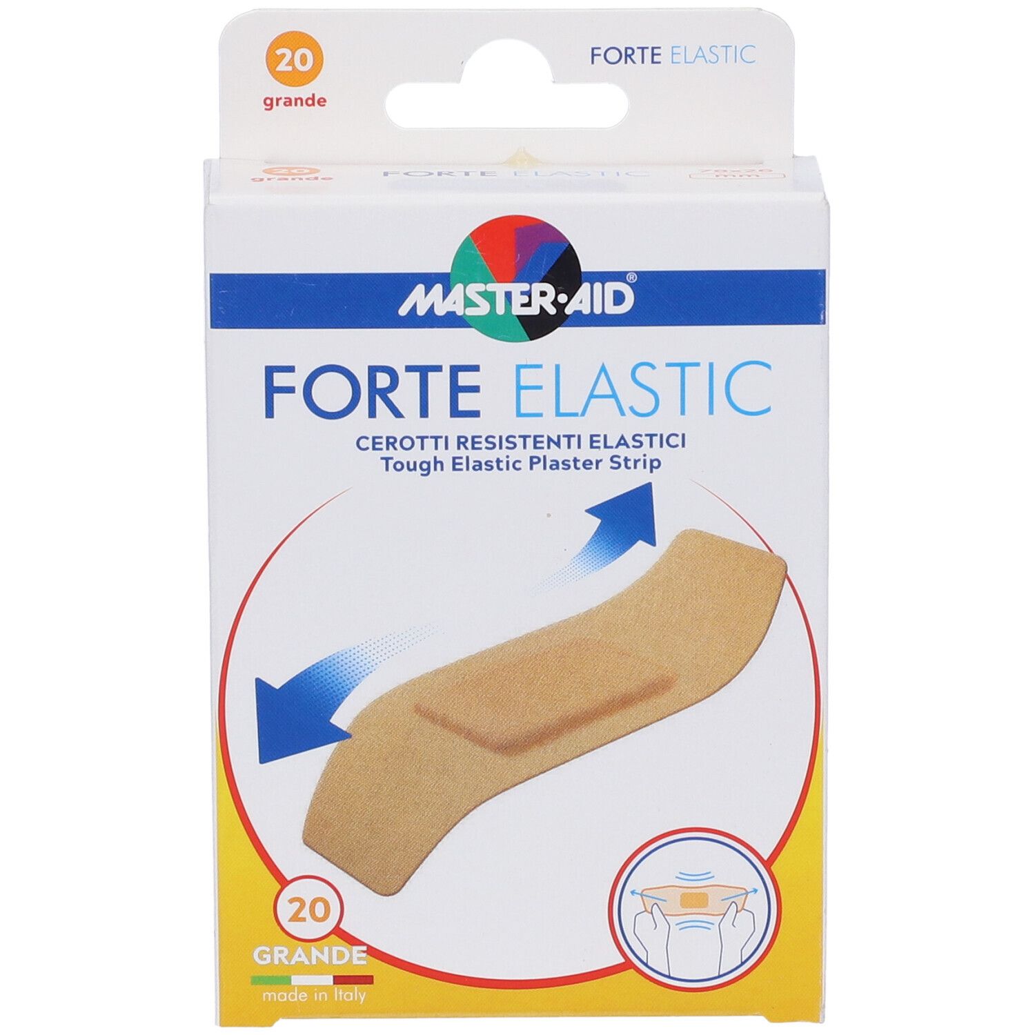 Confezione di cerotti Master-Aid Forte Elastic. Contiene 20 pezzi. Scritte: Forte Elastic, 20 grande, Made in Italy.