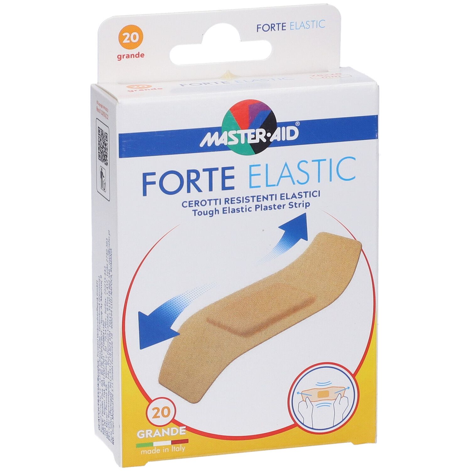Confezione di cerotti Master-Aid Forte Elastic. Contiene 20 pezzi. Scritte: Forte Elastic, 20 grande, Made in Italy.