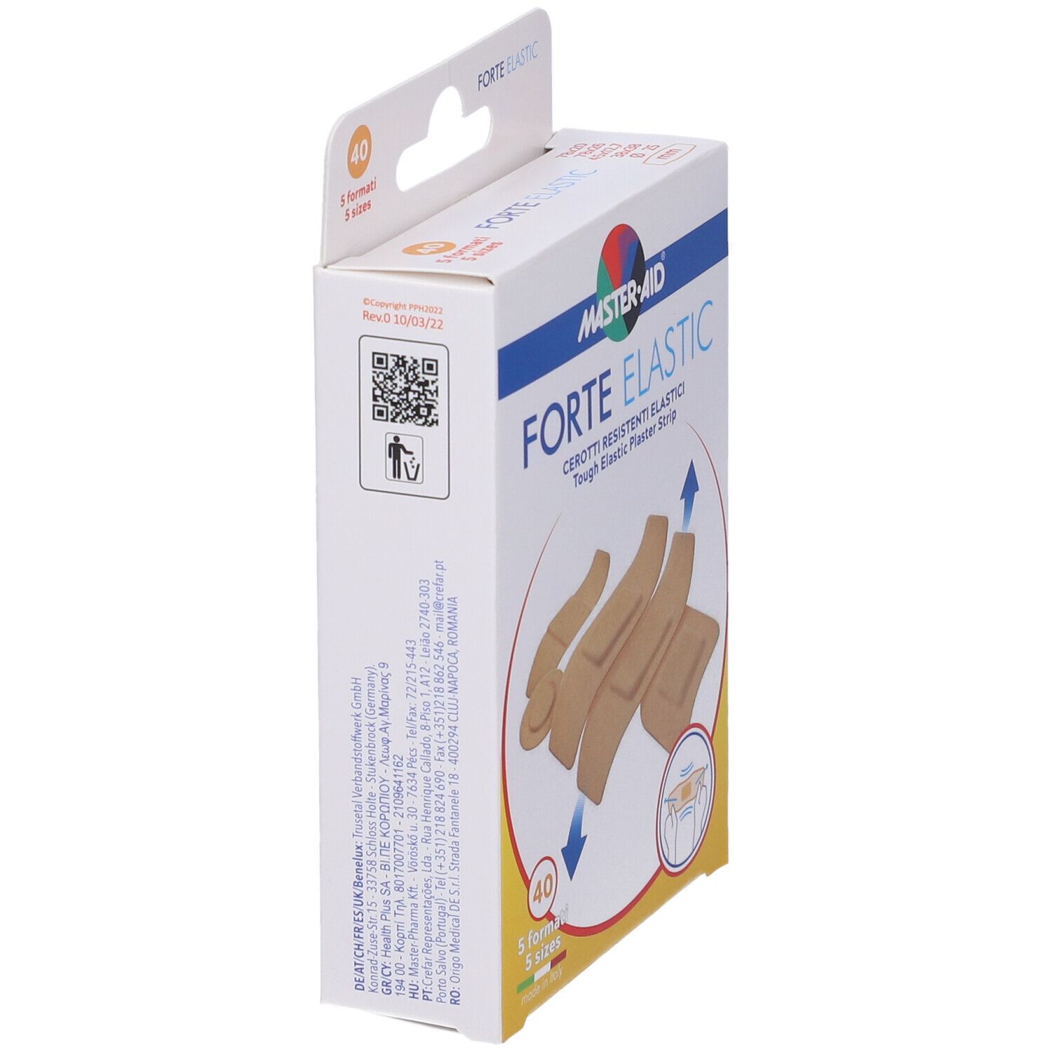Vista laterale della confezione Master-Aid Forte Elastic. Contiene 40 cerotti, 5 formati. Testo in italiano.