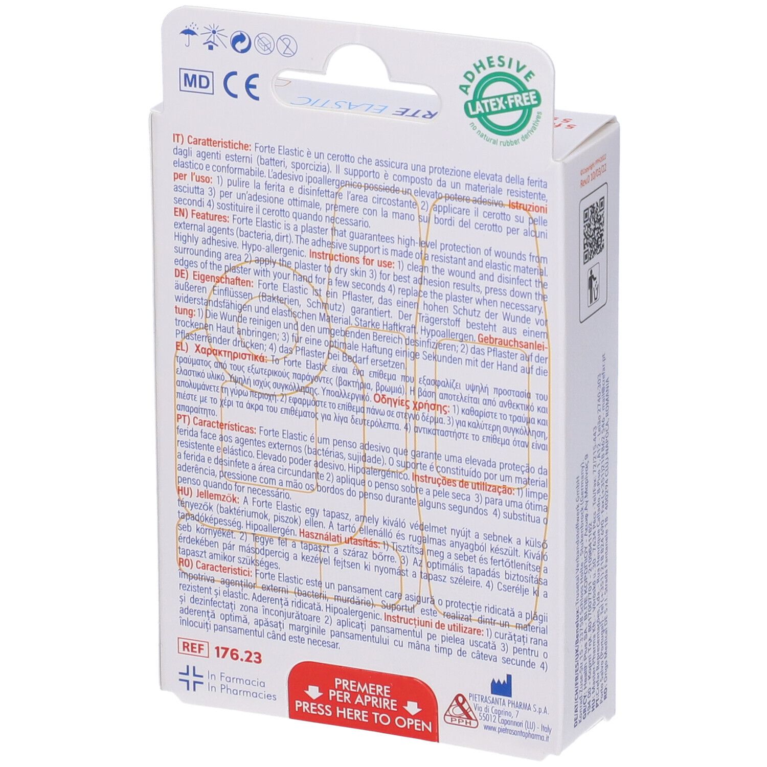 Retro della confezione Master-Aid Forte Elastic. Testo multilingue. Senza lattice. Marchio CE.