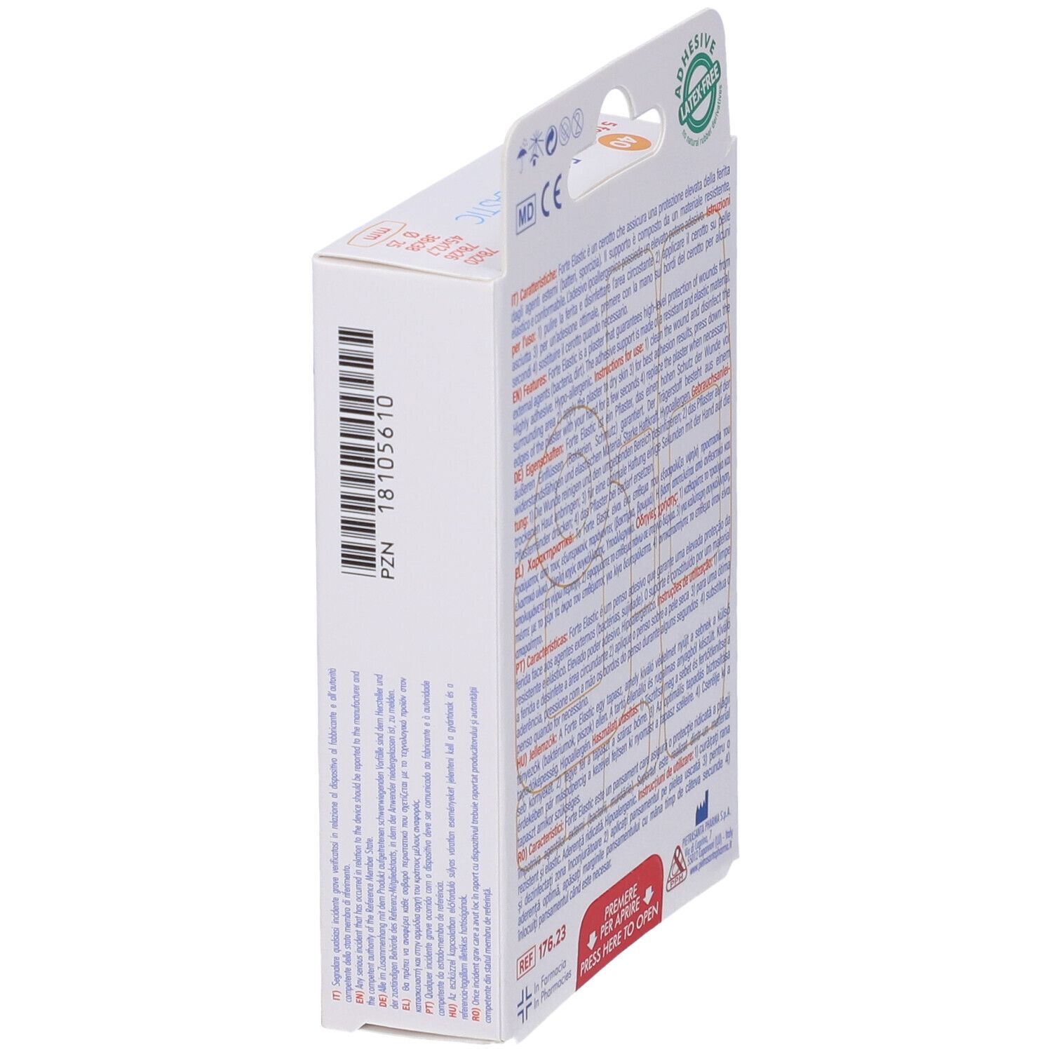 Vista laterale della confezione Master-Aid Forte Elastic. Codice PZN e testo. Marchio CE.
