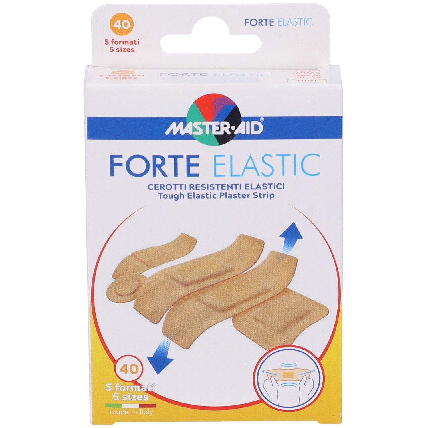 Confezione Master-Aid Forte Elastic. 40 cerotti, 5 formati. Cerotti beige illustrati. Testo in italiano.
