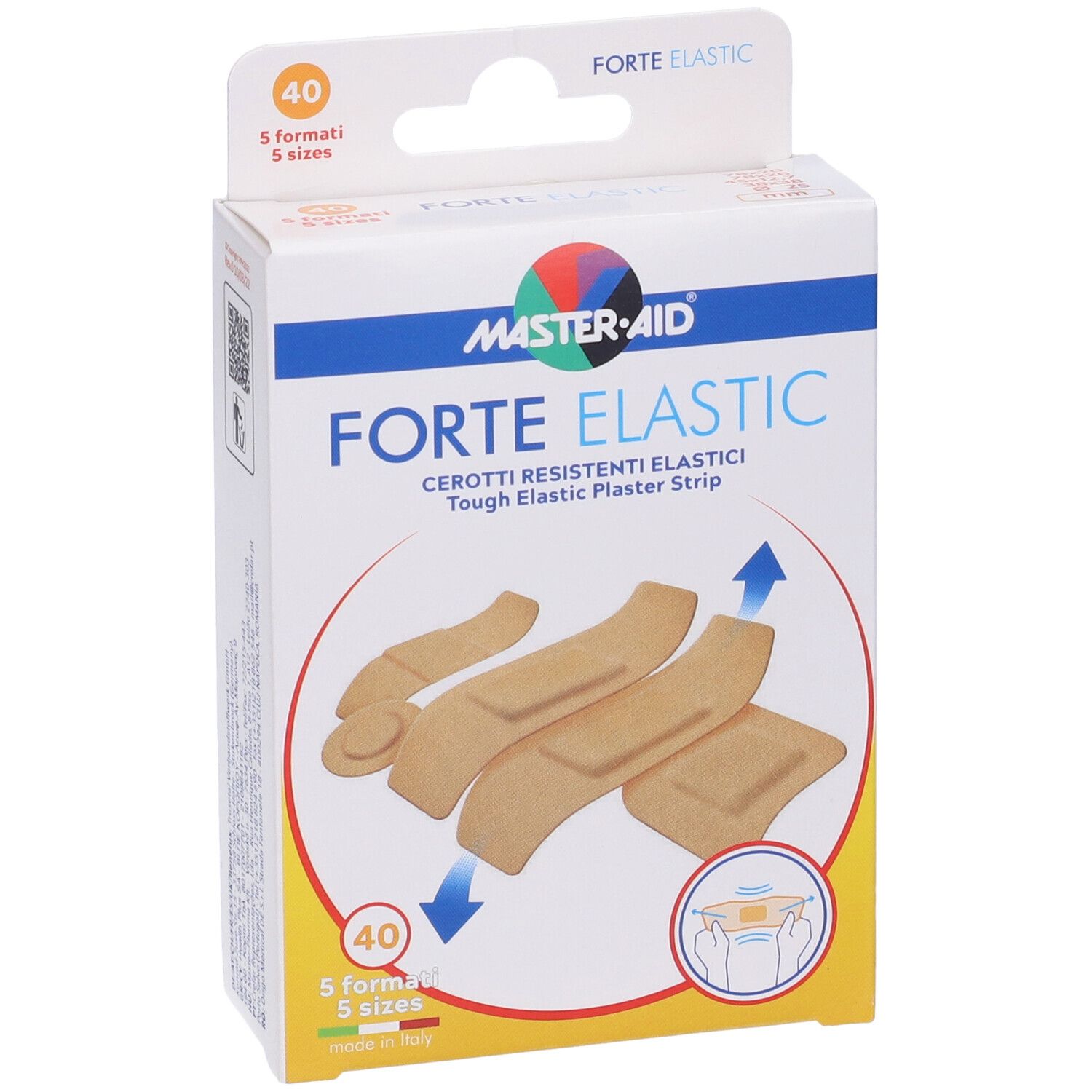 Confezione Master-Aid Forte Elastic. 40 cerotti, 5 formati. Cerotti beige illustrati. Testo in italiano.