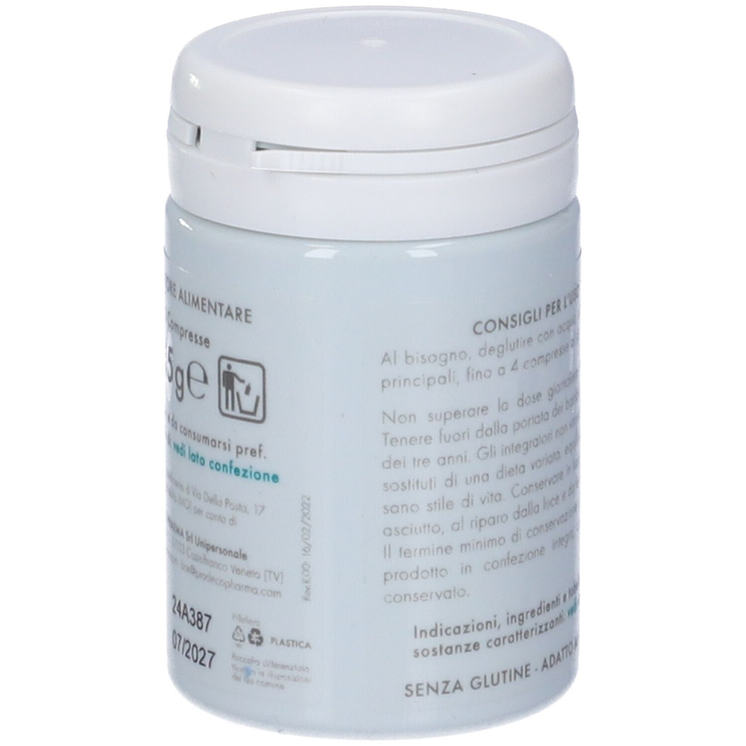 Barattolo bianco, retro con testo. Contiene informazioni su ingredienti, peso e data di scadenza. Senza glutine, vegano.