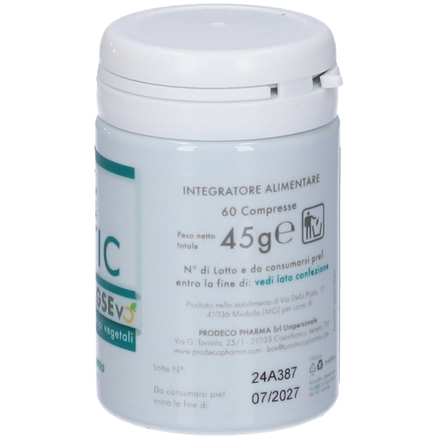 Barattolo bianco, retro con testo. Contiene informazioni su ingredienti, peso e data di scadenza. Senza glutine, vegano.