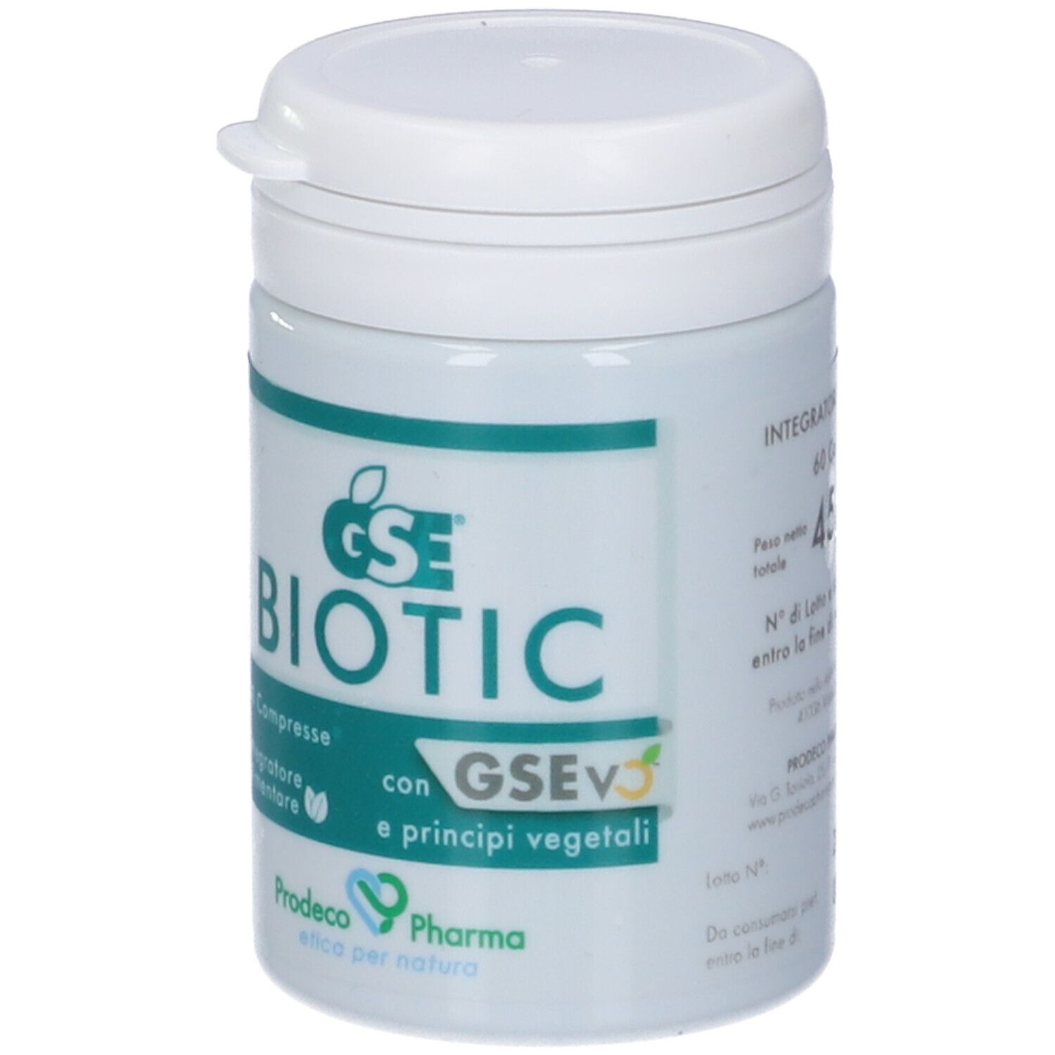 Barattolo bianco con etichetta verde. Scritta: GSE BIOTIC, 60 Compresse, Integratore alimentare. Marchio: Prodeco Pharma.