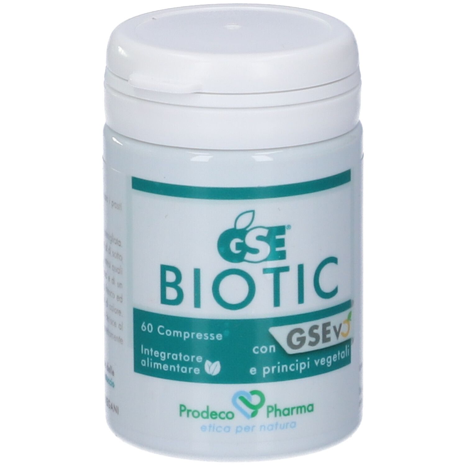 Barattolo bianco con etichetta verde. Scritta: GSE BIOTIC, 60 Compresse, Integratore alimentare. Marchio: Prodeco Pharma.