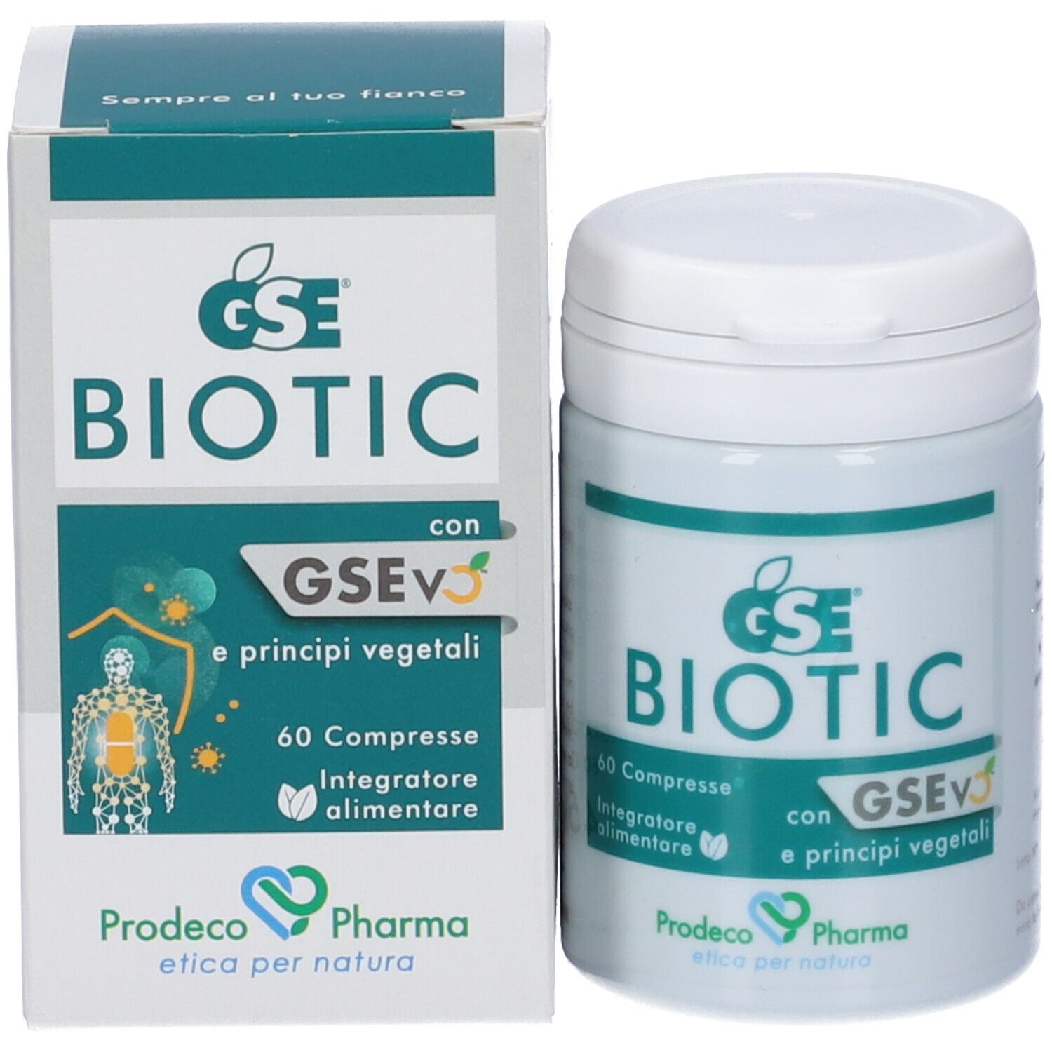 Confezione del prodotto: barattolo e scatola. Scritta: GSE BIOTIC, 60 Compresse, Integratore alimentare. Marchio: Prodeco Pharma.