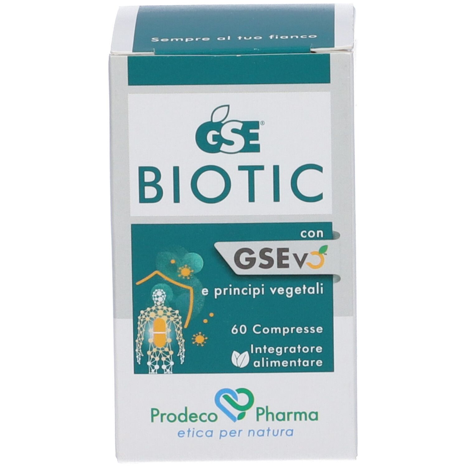 Confezione del prodotto: scatola. Scritta: GSE BIOTIC, 60 Compresse, Integratore alimentare. Marchio: Prodeco Pharma. Illustrazione.
