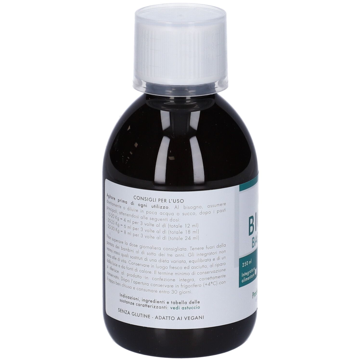 Retro di una bottiglia di liquido marrone. Contiene informazioni sull'uso e gli ingredienti. Senza glutine, vegano.