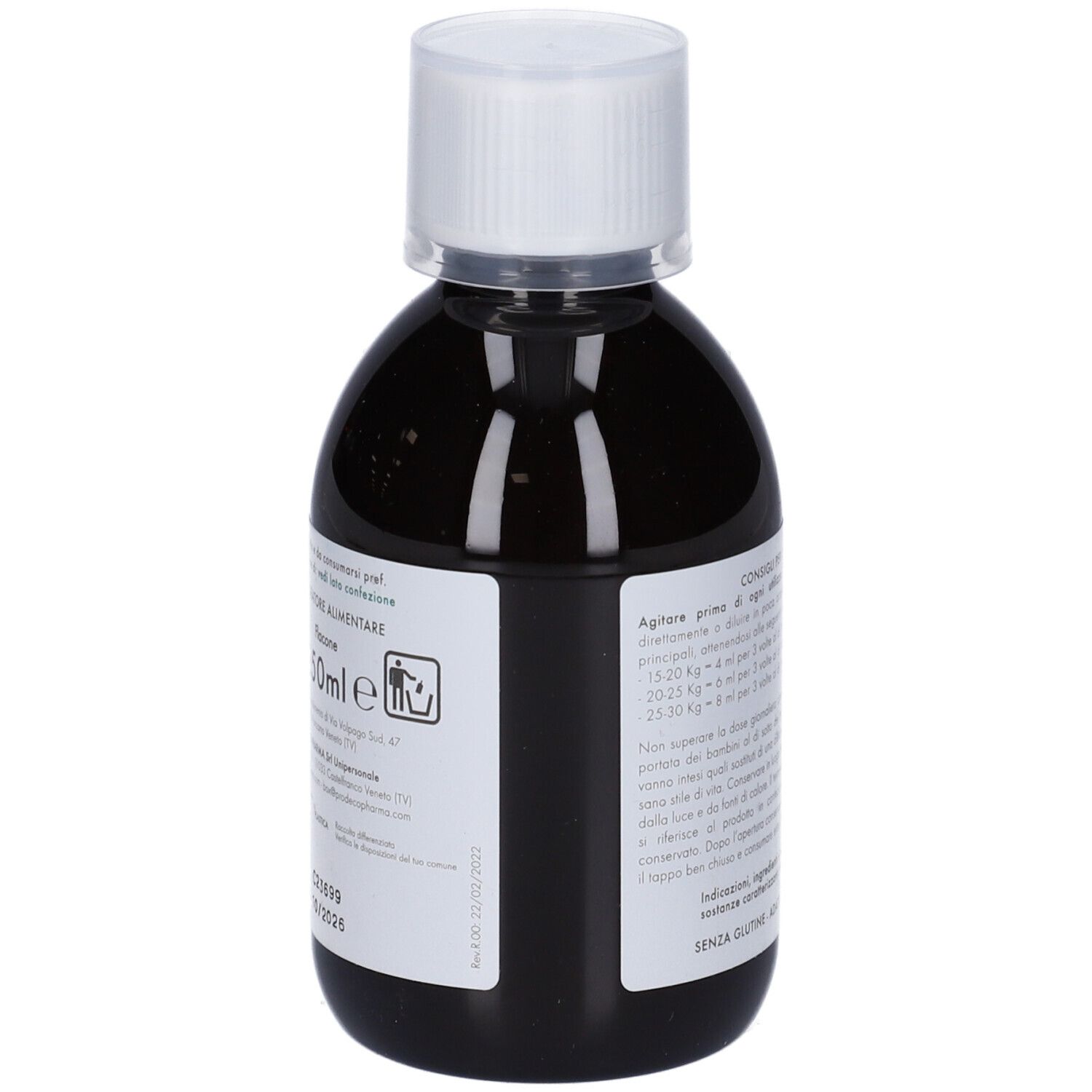 Retro di una bottiglia di liquido marrone. Contiene informazioni sugli ingredienti e il dosaggio. 250ml.