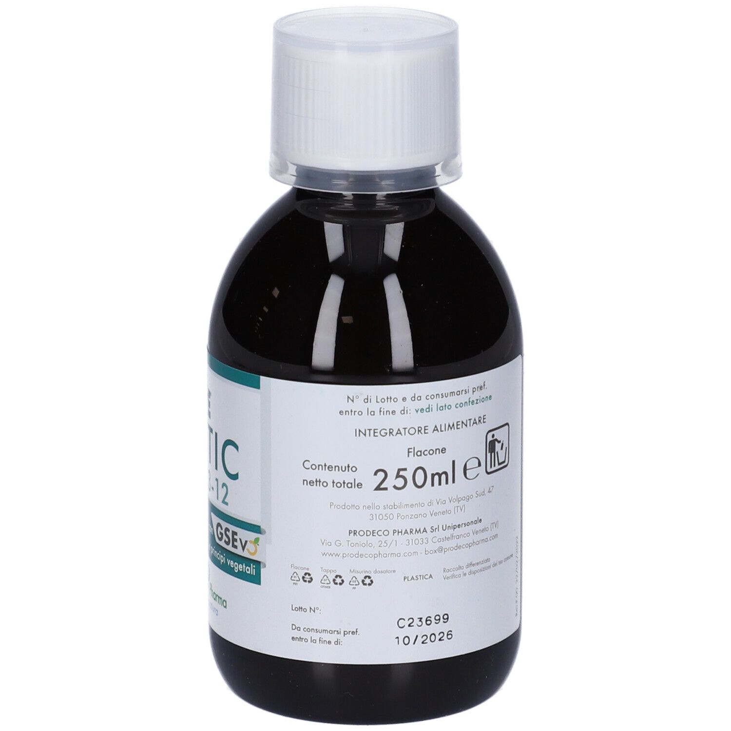 Retro di una bottiglia di liquido marrone. Contiene informazioni sugli ingredienti e la scadenza. 250ml.