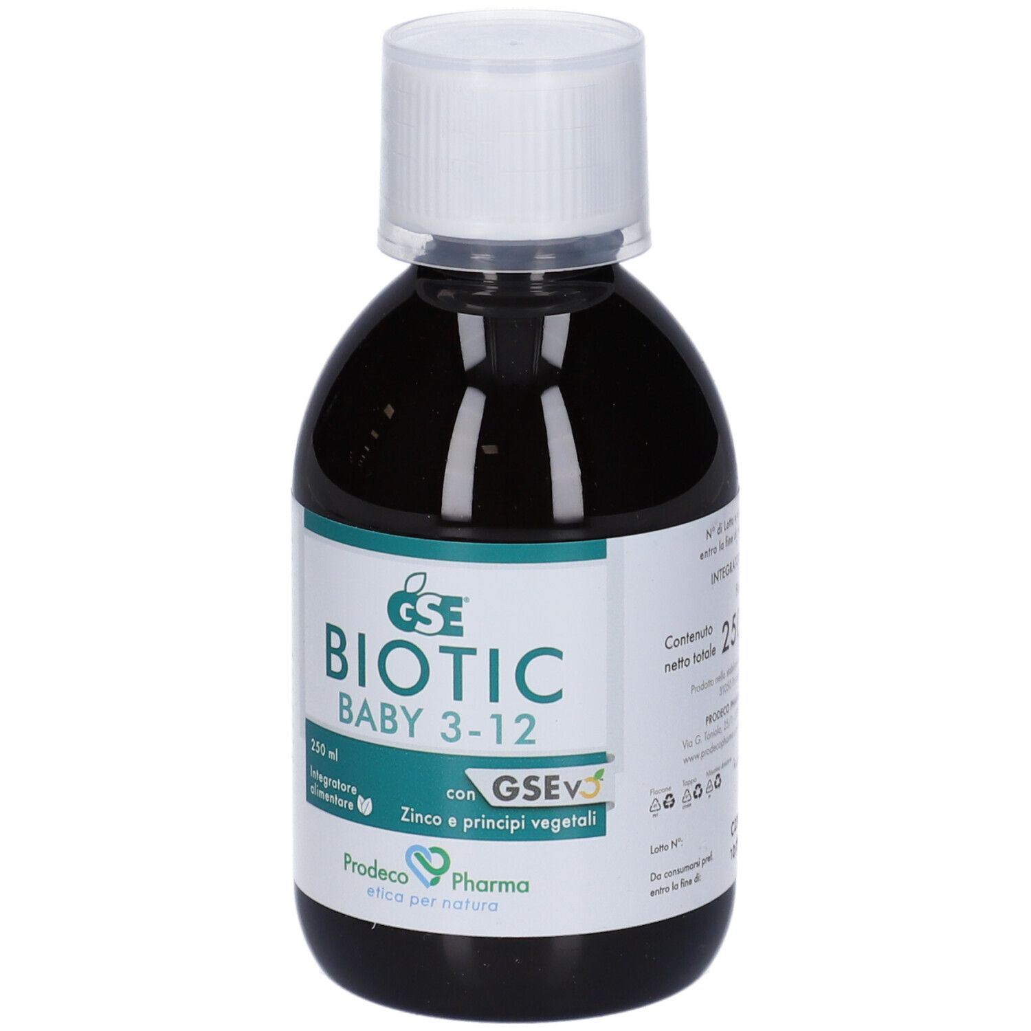 Bottiglia di liquido marrone con tappo bianco. Scritta: BIOTIC BABY 3-12. Contiene zinco e principi vegetali.