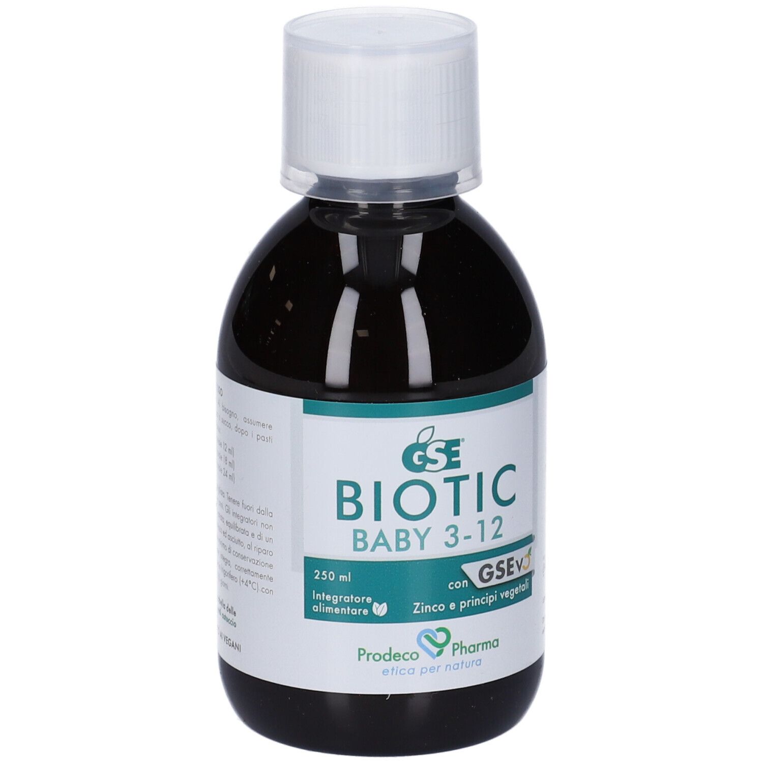 Bottiglia di liquido marrone con tappo bianco. Scritta: BIOTIC BABY 3-12. Contiene zinco e principi vegetali.