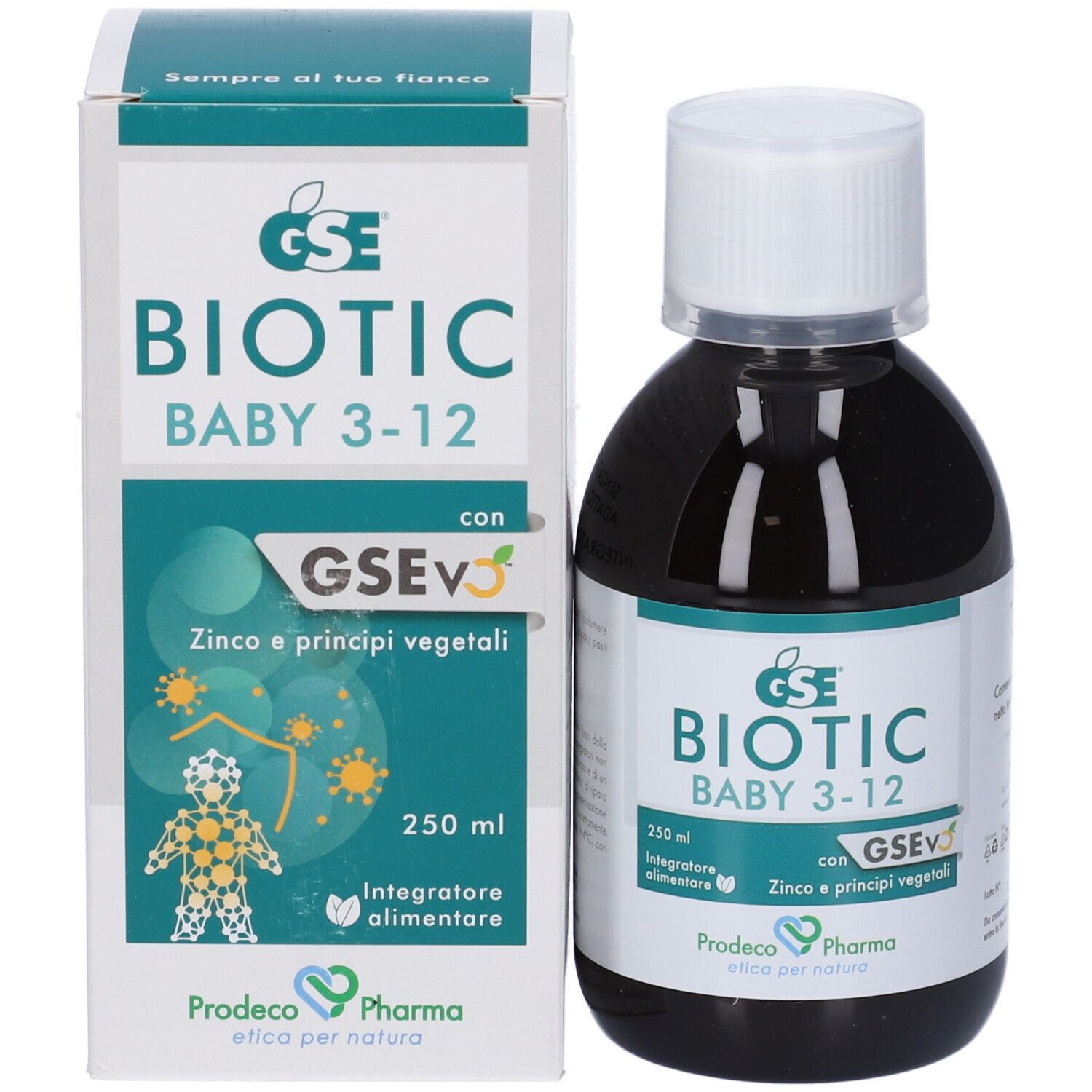 Confezione e bottiglia di liquido marrone. Scritta: BIOTIC BABY 3-12. Contiene zinco e principi vegetali.