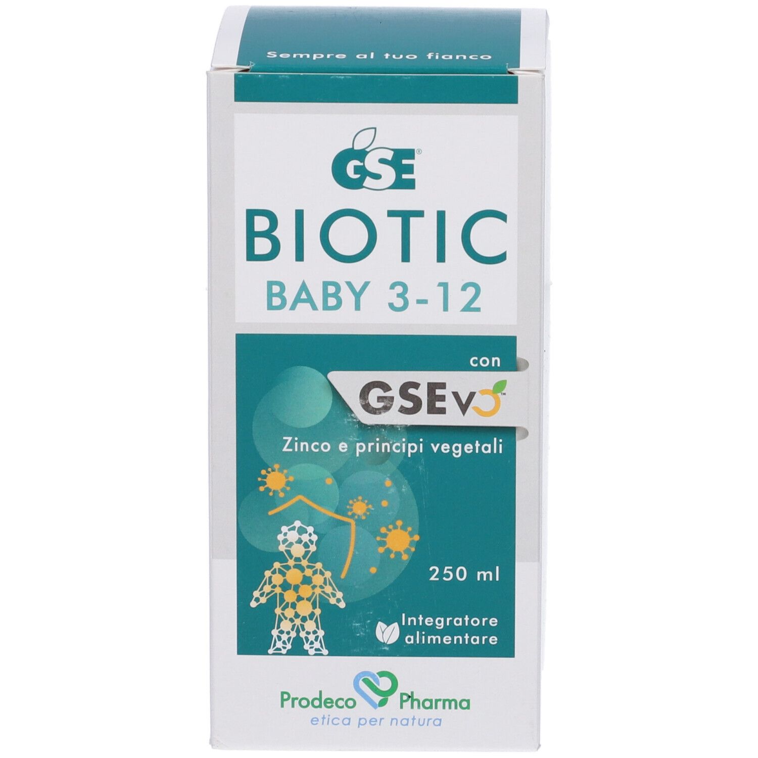 Confezione del prodotto. Scritta: BIOTIC BABY 3-12. Contiene zinco e principi vegetali. Illustrazione di un bambino.