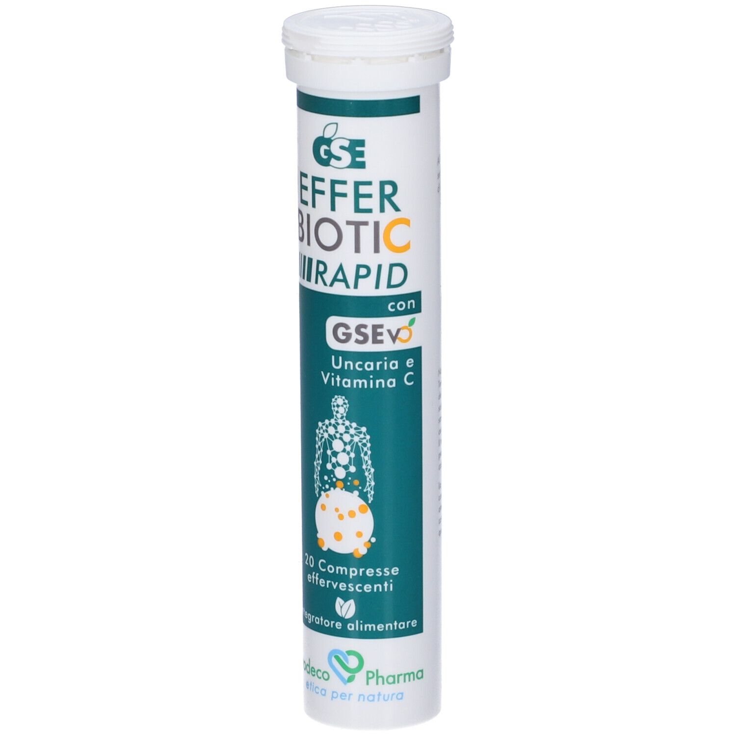 Tubo cilindrico di compresse. Scritta: GSE Efferbiotic Rapid, 20 compresse effervescenti. Contiene vitamina C e Uncaria.