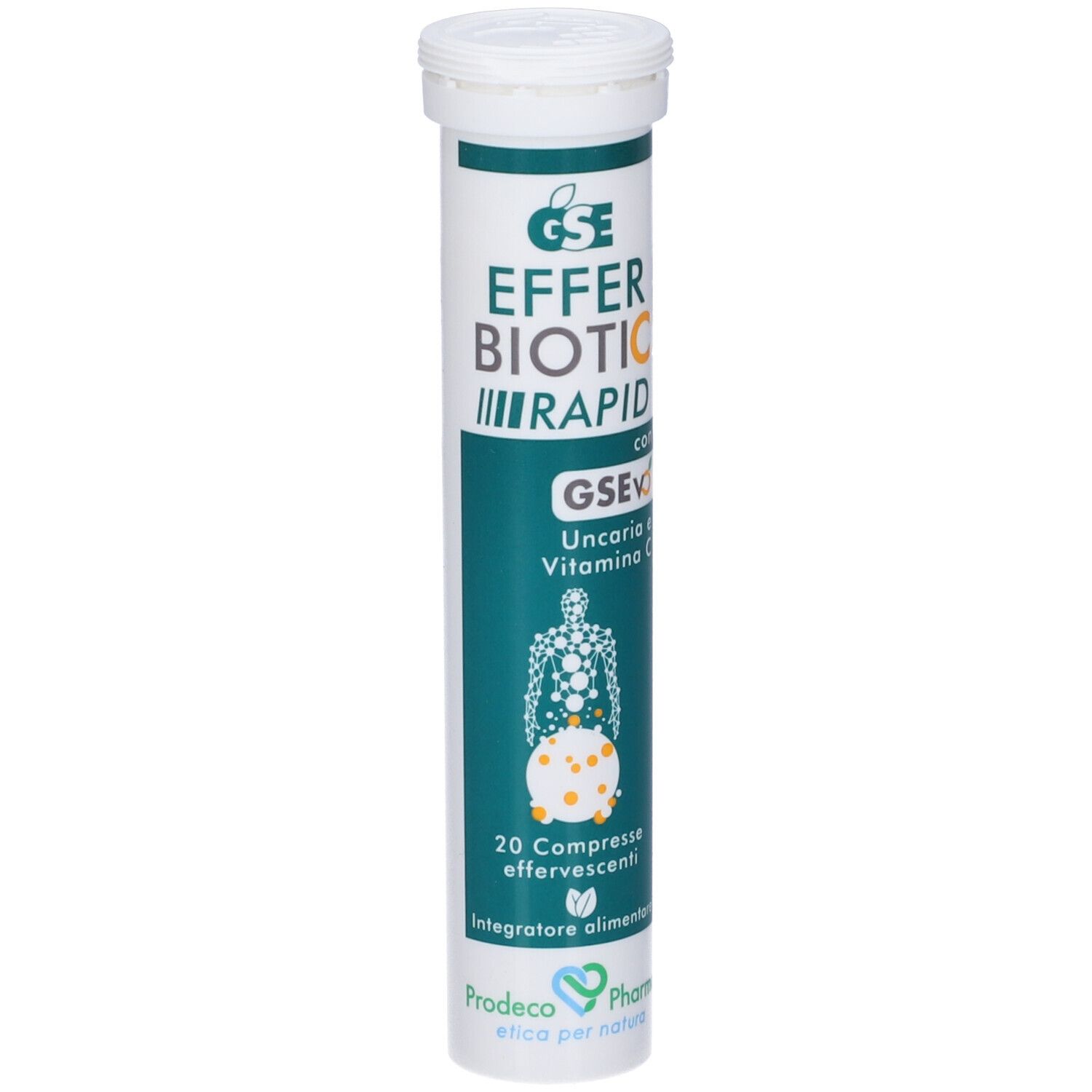 Tubo cilindrico di compresse. Scritta: GSE Efferbiotic Rapid, 20 compresse effervescenti. Contiene vitamina C e Uncaria.