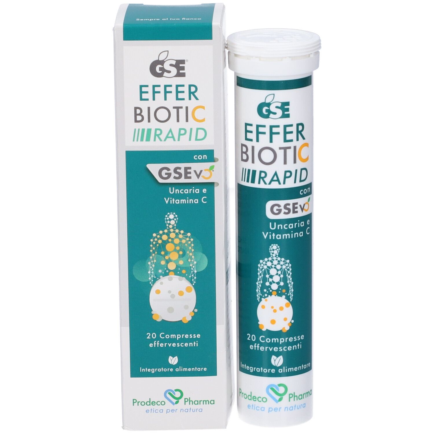 Confezione del prodotto con tubo e scatola. Scritta: GSE Efferbiotic Rapid, 20 compresse effervescenti. Contiene vitamina C e Uncaria.