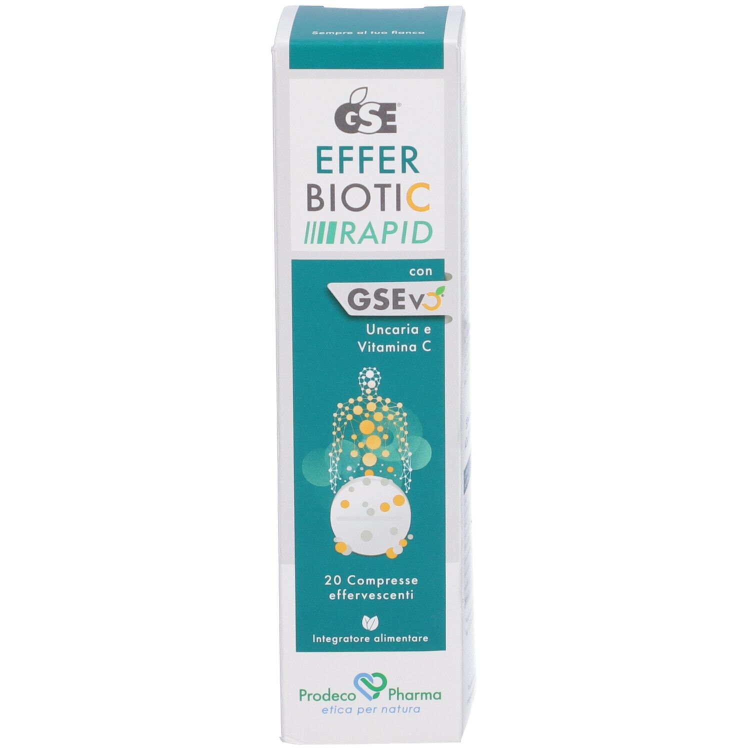 Confezione del prodotto. Scritta: GSE Efferbiotic Rapid, 20 compresse effervescenti. Contiene vitamina C e Uncaria. Colori verde e bianco.