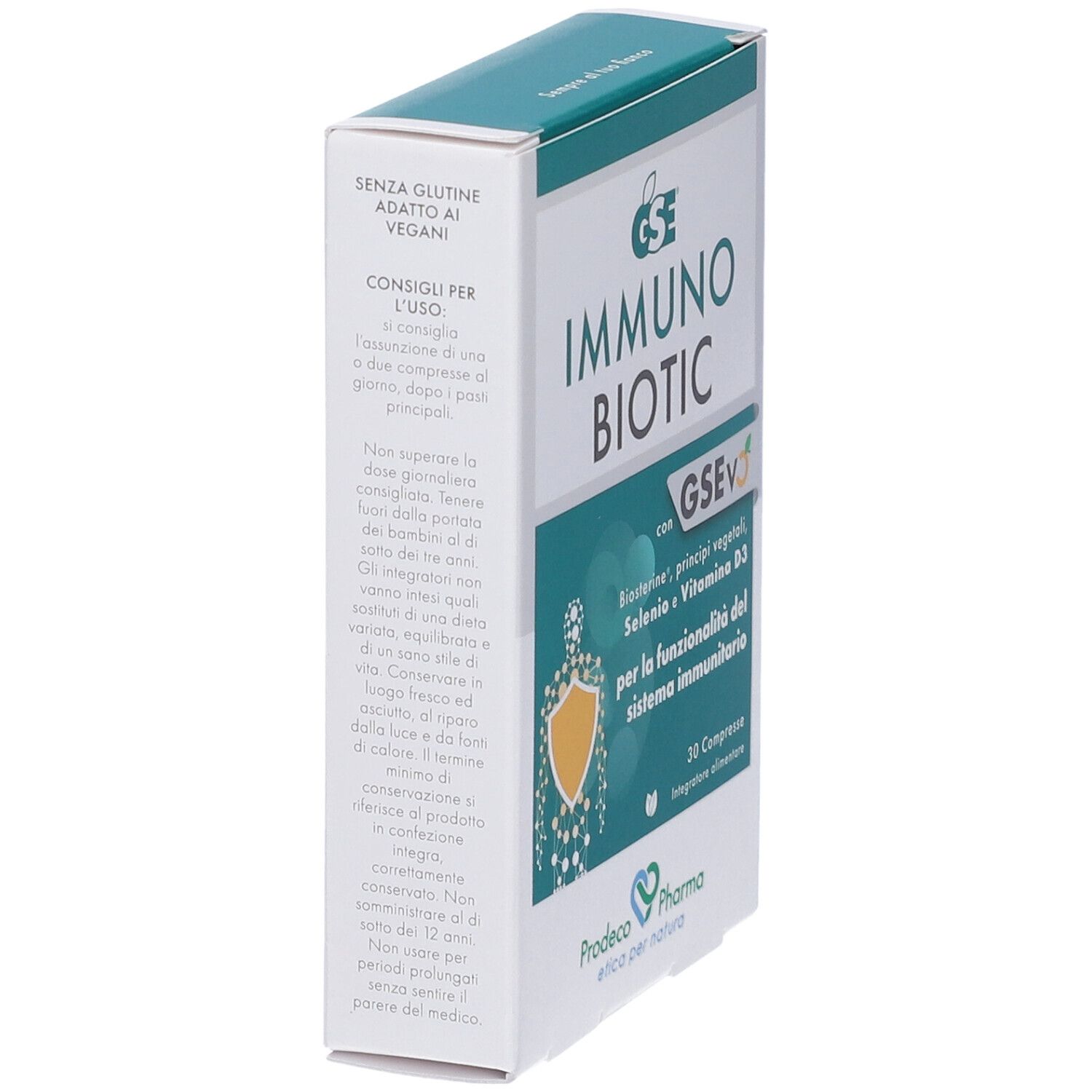 Scatola GSE IMMUNO BIOTIC, angolata. Scritto: IMMUNO BIOTIC. Testo: Biosterine, principi vegetali, selenio e vitamina D3. 30 compresse.