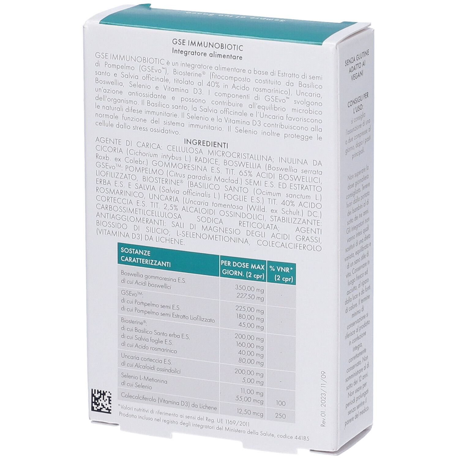 Retro della scatola GSE IMMUNO BIOTIC. Testo con ingredienti e informazioni nutrizionali. Codice QR e codice a barre.