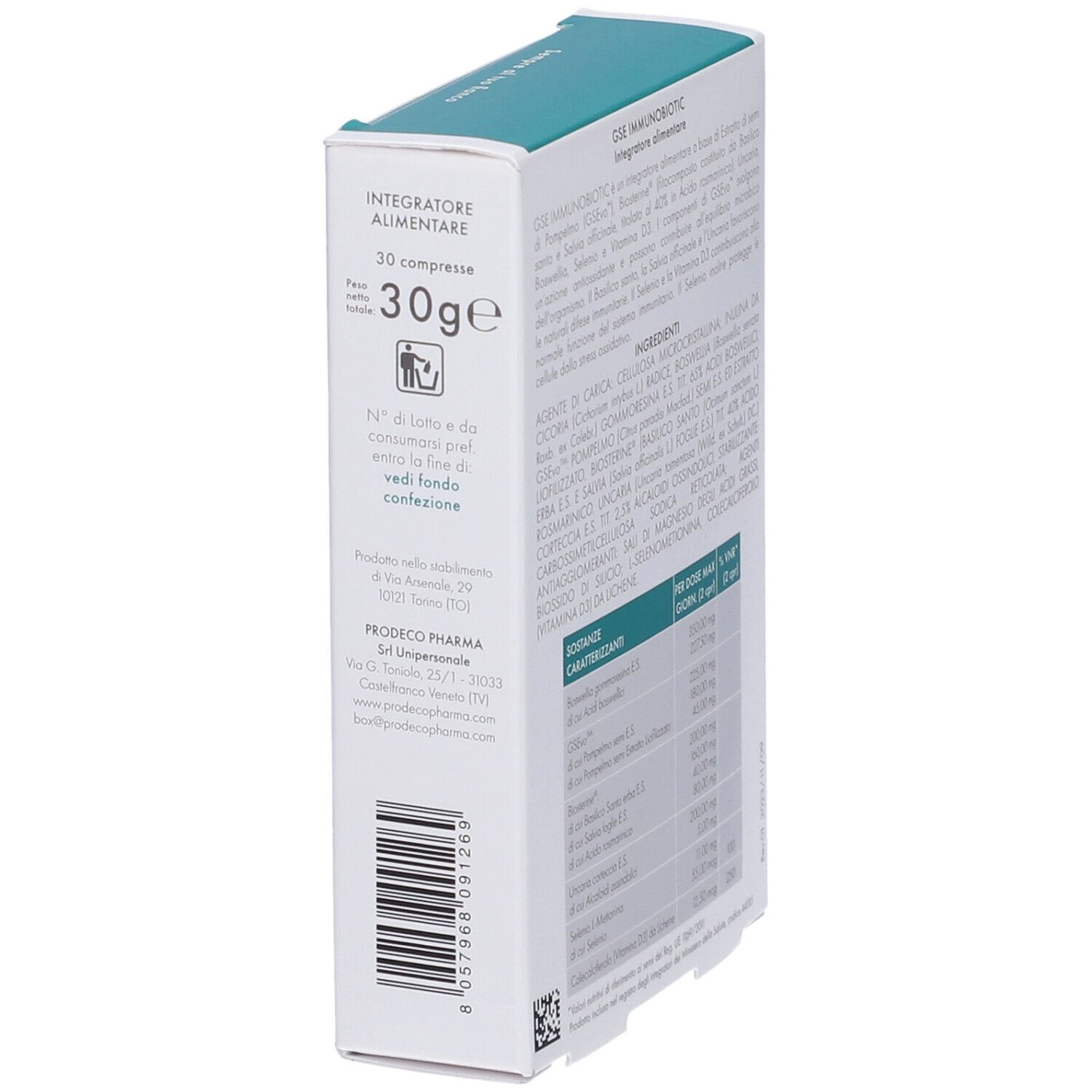 Scatola GSE IMMUNO BIOTIC, angolata. Scritto: 30 g. Testo: 30 compresse. Codice a barre e informazioni del produttore.
