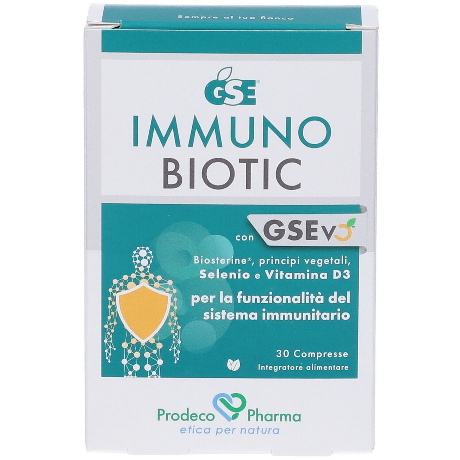 Scatola GSE IMMUNO BIOTIC. Scritto: IMMUNO BIOTIC. Testo: Biosterine, principi vegetali, selenio e vitamina D3. 30 compresse.
