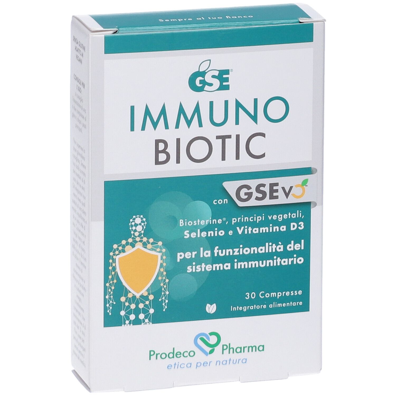 Scatola GSE IMMUNO BIOTIC. Scritto: IMMUNO BIOTIC. Testo: Biosterine, principi vegetali, selenio e vitamina D3. 30 compresse.
