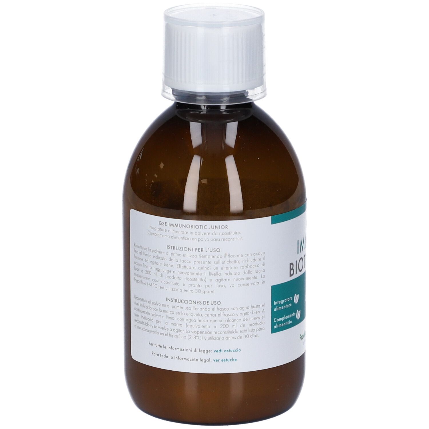 Retro del flacone marrone con tappo bianco. Etichetta con informazioni sul prodotto e istruzioni per l'uso.