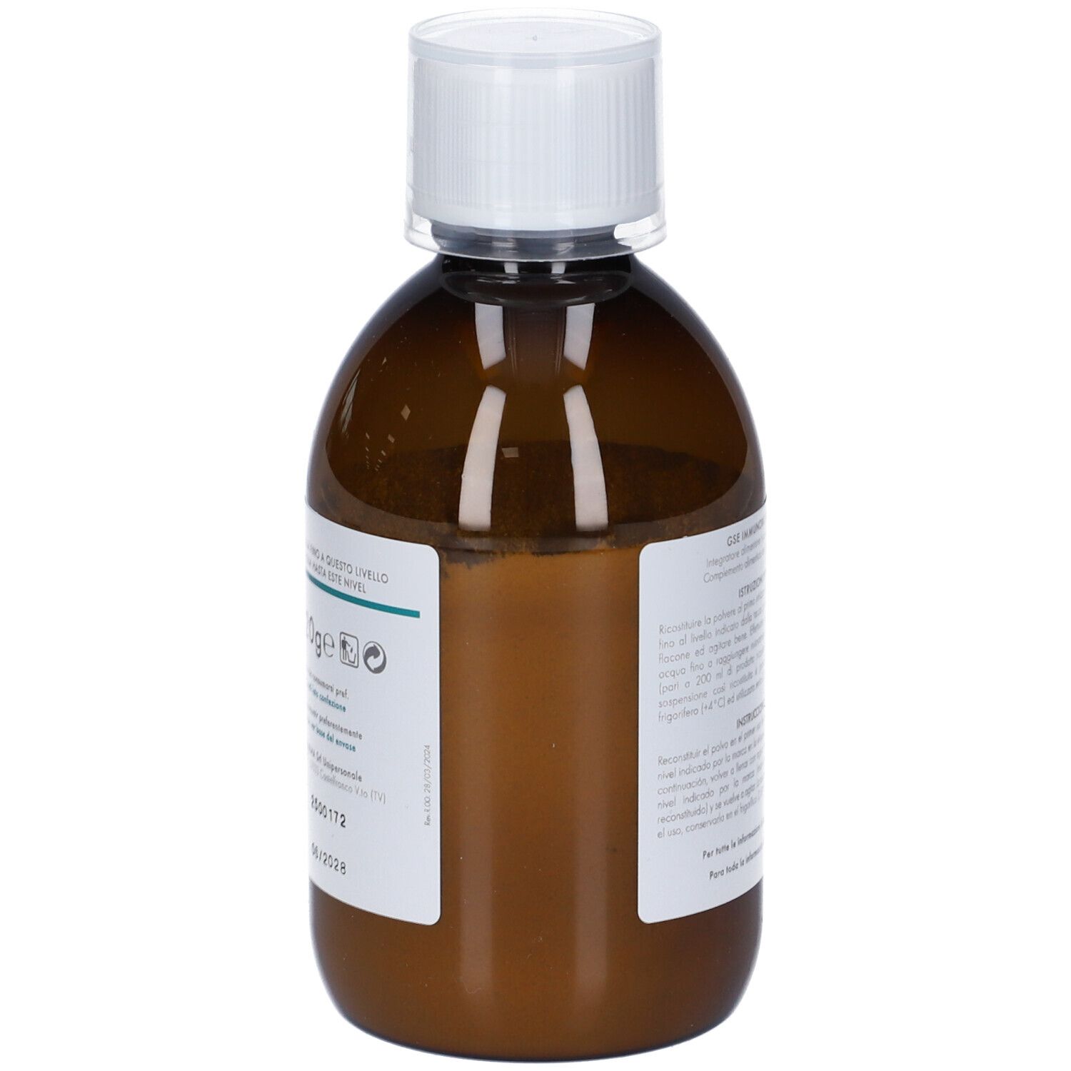 Retro del flacone marrone con tappo bianco. Etichetta con informazioni sul prodotto e numero di lotto.