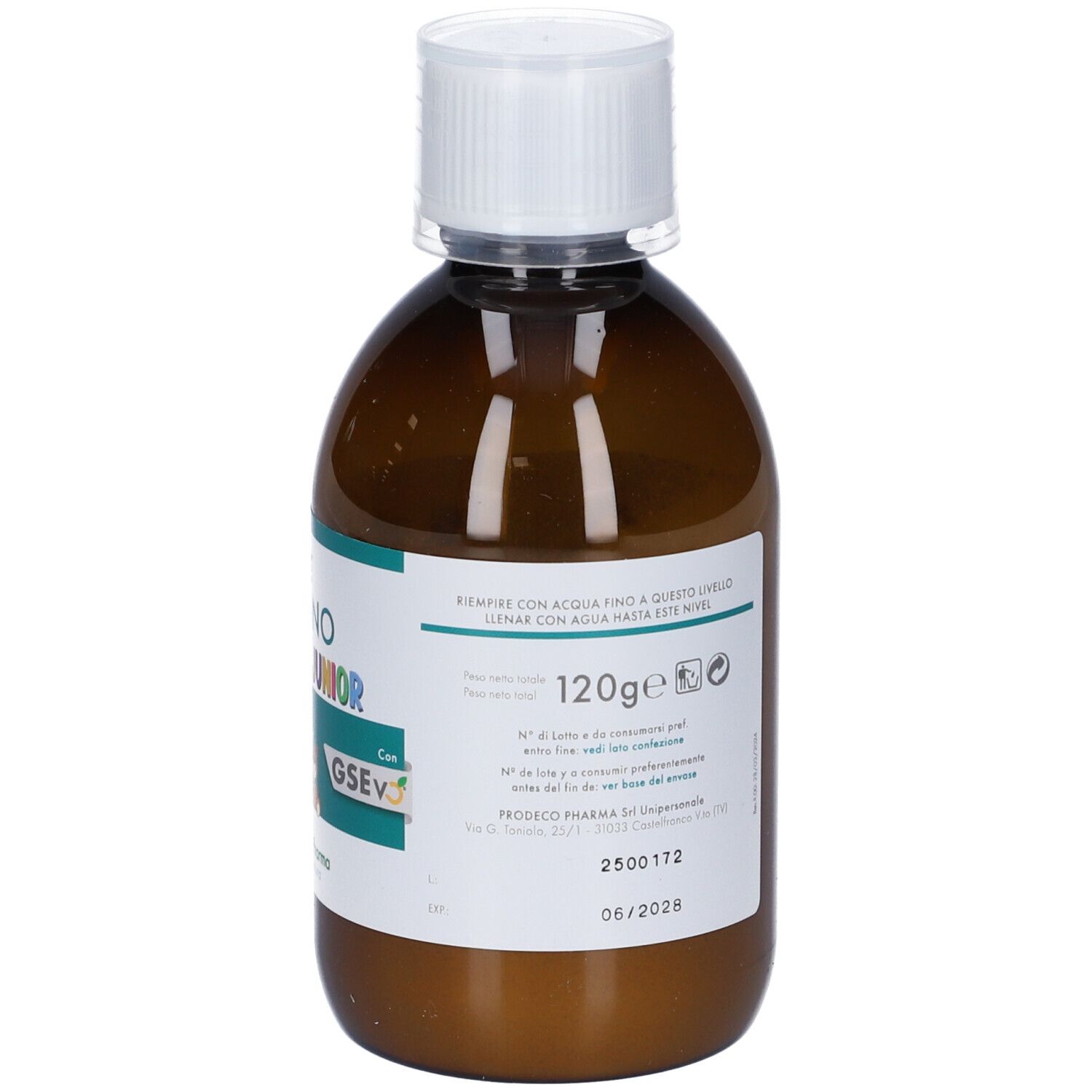 Flacone marrone con tappo bianco. Etichetta con informazioni sul prodotto, 120g e linea di riempimento.