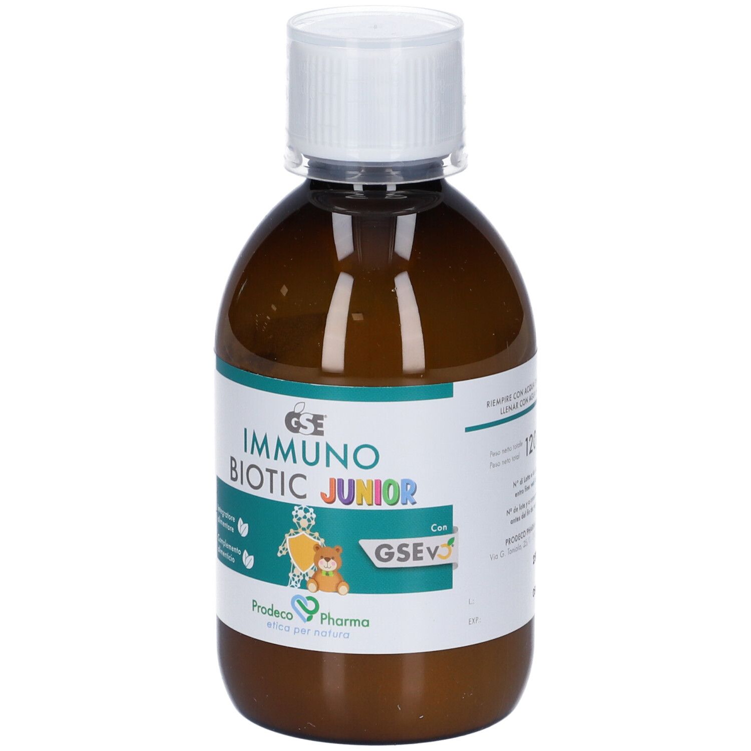 Flacone marrone con tappo bianco. Etichetta con GSE IMMUNO BIOTIC JUNIOR, illustrazione orsetto e informazioni.
