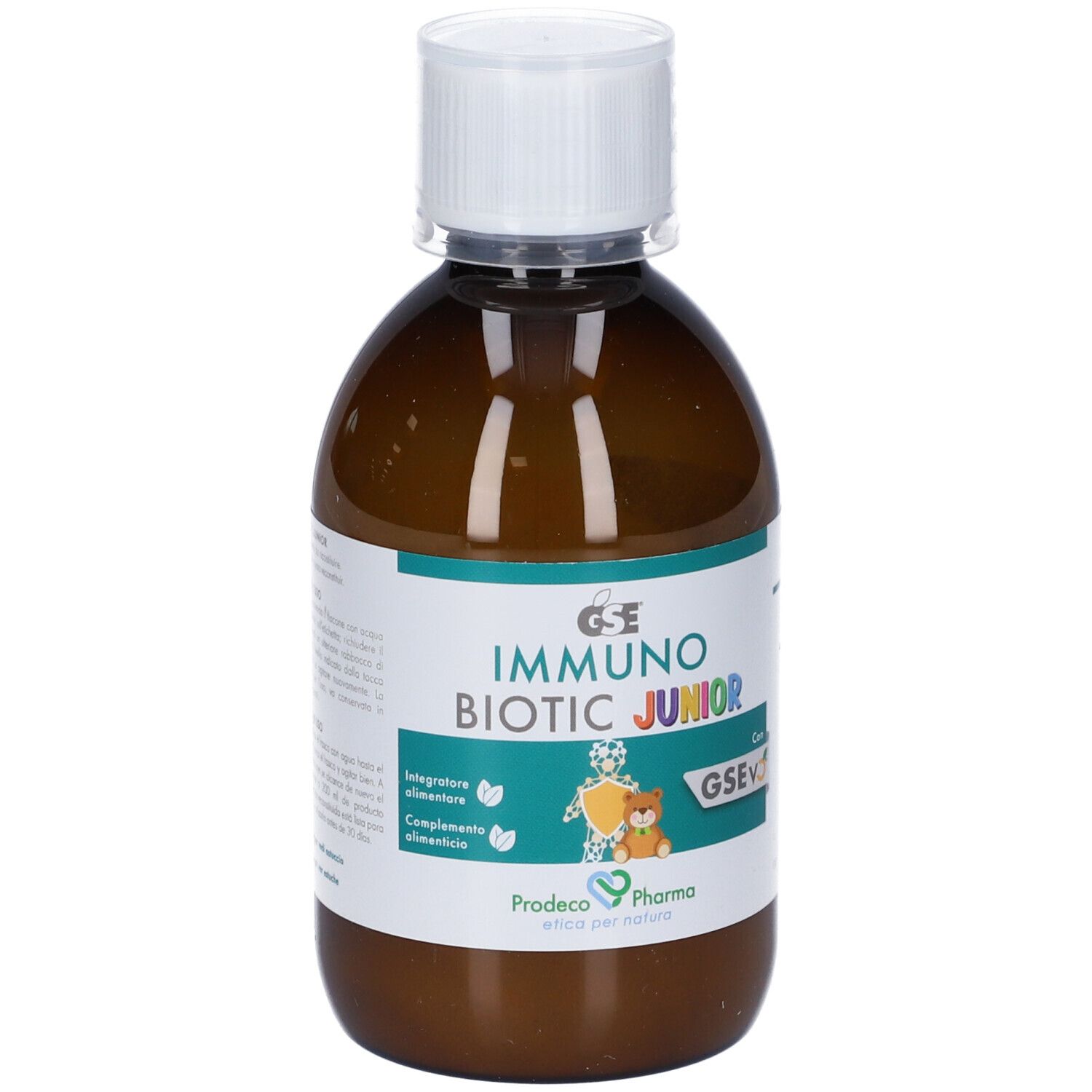 Flacone marrone con tappo bianco. Etichetta con GSE IMMUNO BIOTIC JUNIOR, illustrazione orsetto e informazioni.