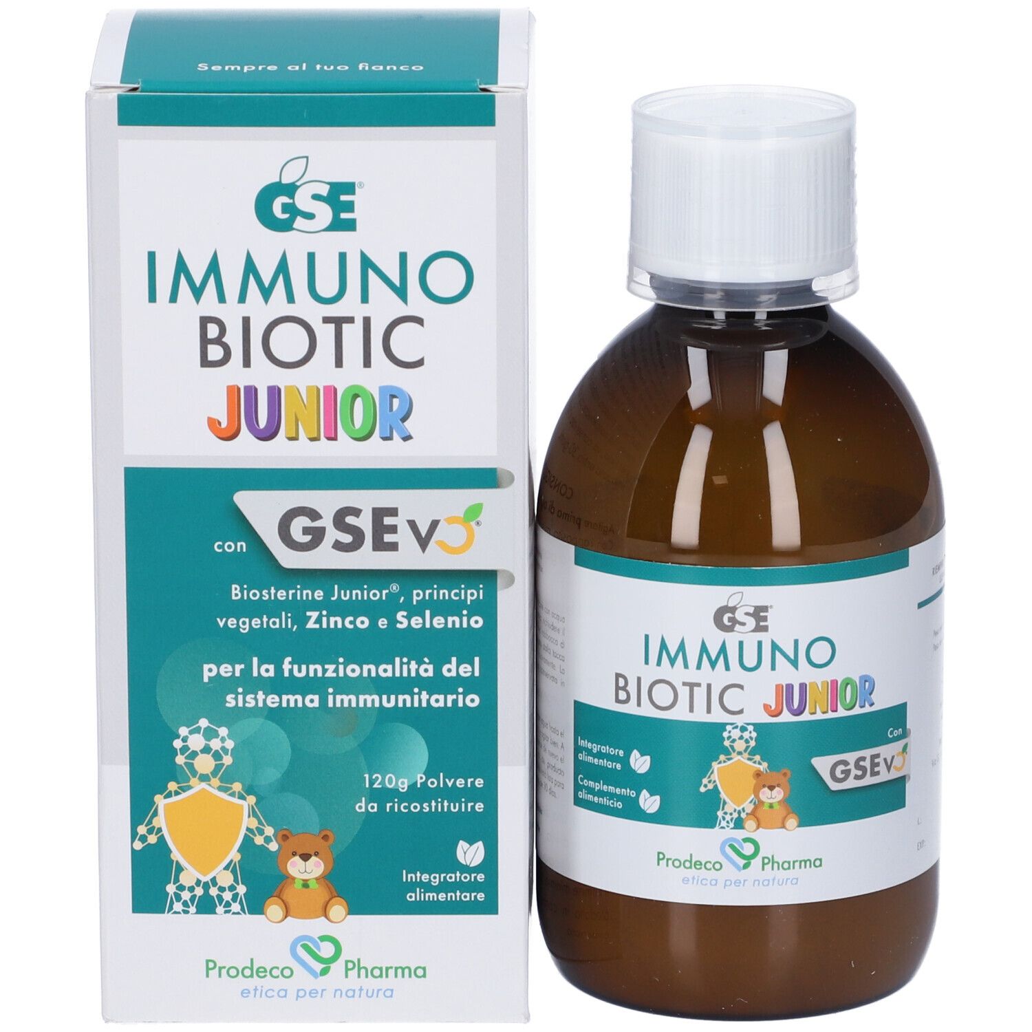Confezione e flacone del prodotto. Scatola con GSE IMMUNO BIOTIC JUNIOR, 120g e informazioni.