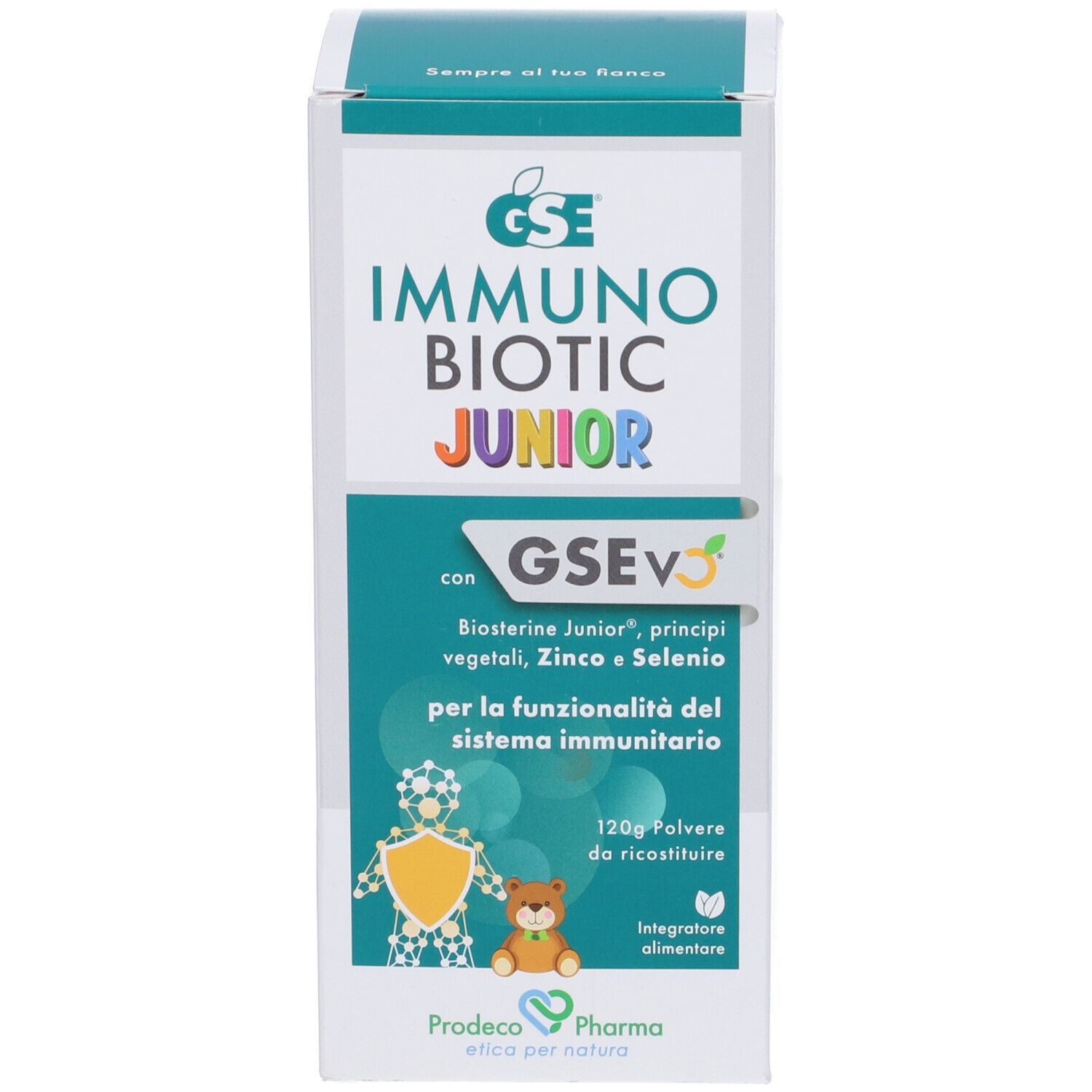 Confezione del prodotto. Scatola con GSE IMMUNO BIOTIC JUNIOR, 120g e informazioni.